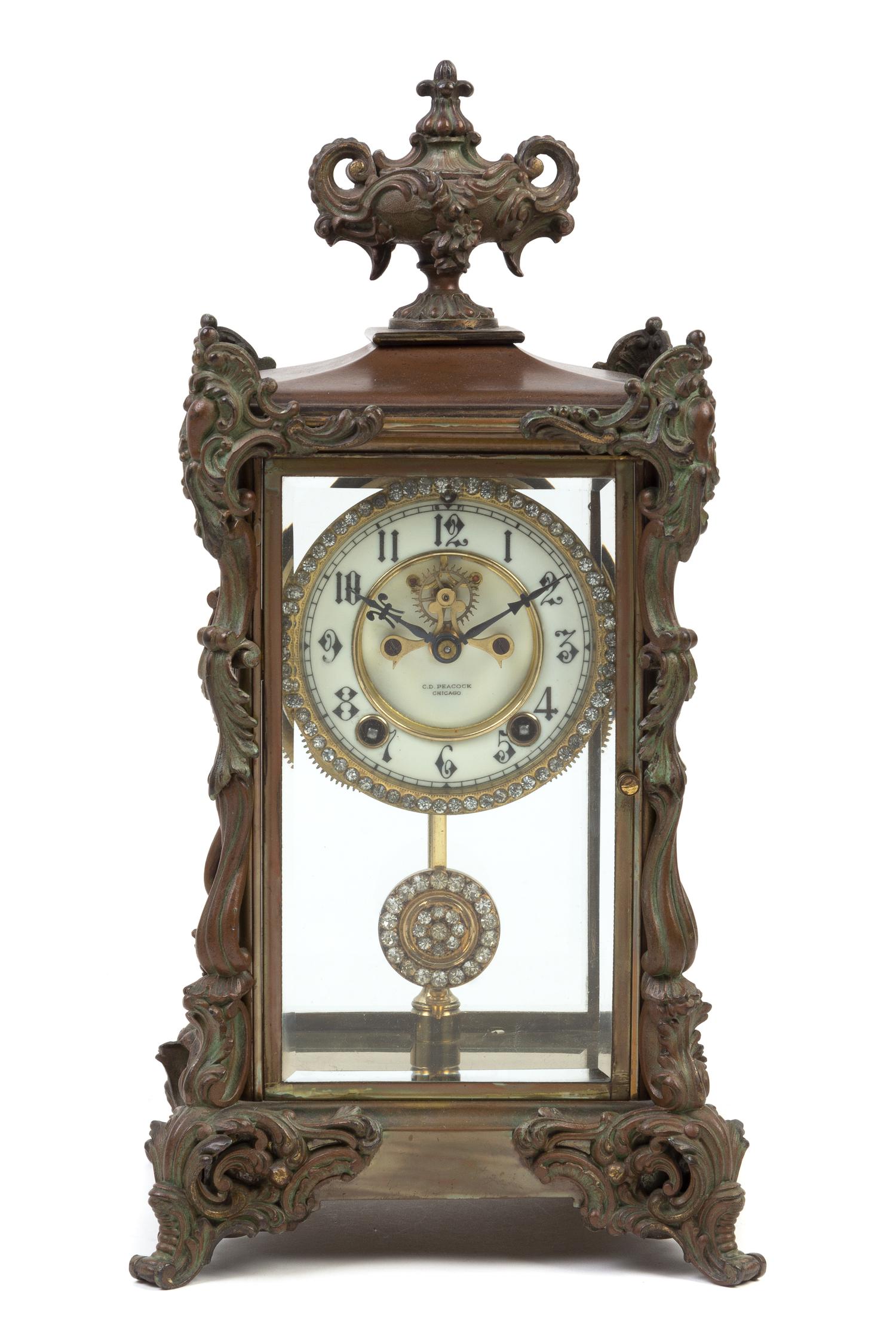 An Ansonia Bronze Mounted Mantle Clock Height 15 3/4 inches. — RETAILED BY C.D. PEACOCK, CHICAGO