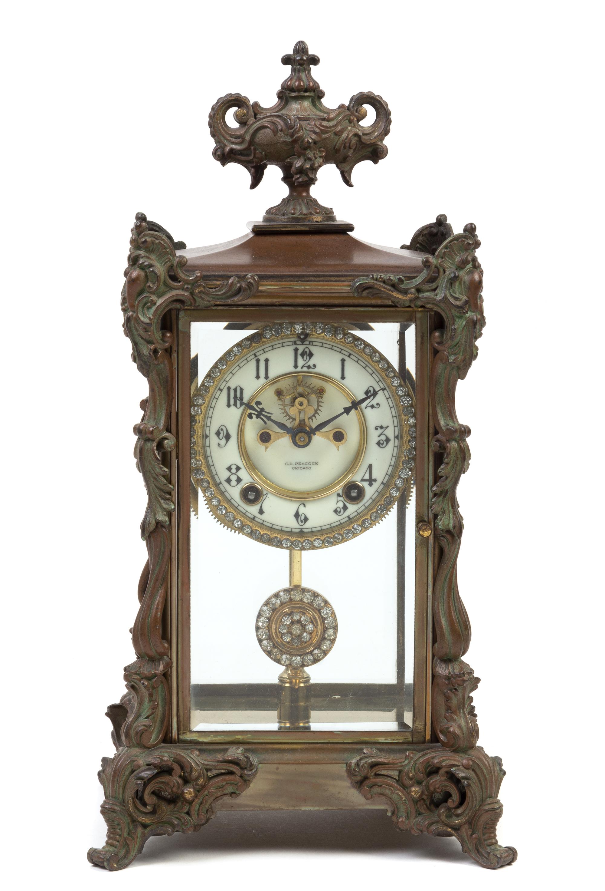 An Ansonia Bronze Mounted Mantle Clock Height 15 3/4 inches. — RETAILED BY C.D. PEACOCK, CHICAGO