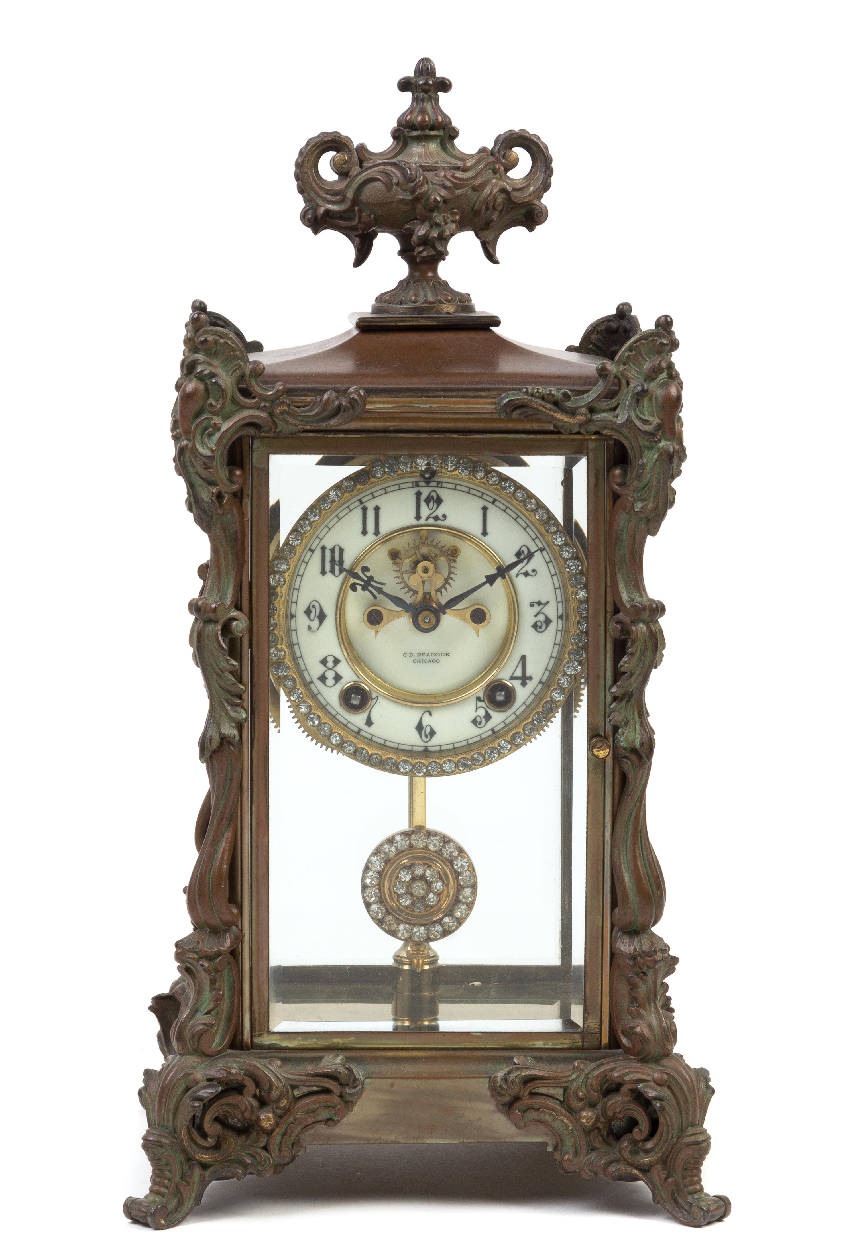 An Ansonia Bronze Mounted Mantle Clock Height 15 3/4 inches. — RETAILED BY C.D. PEACOCK, CHICAGO