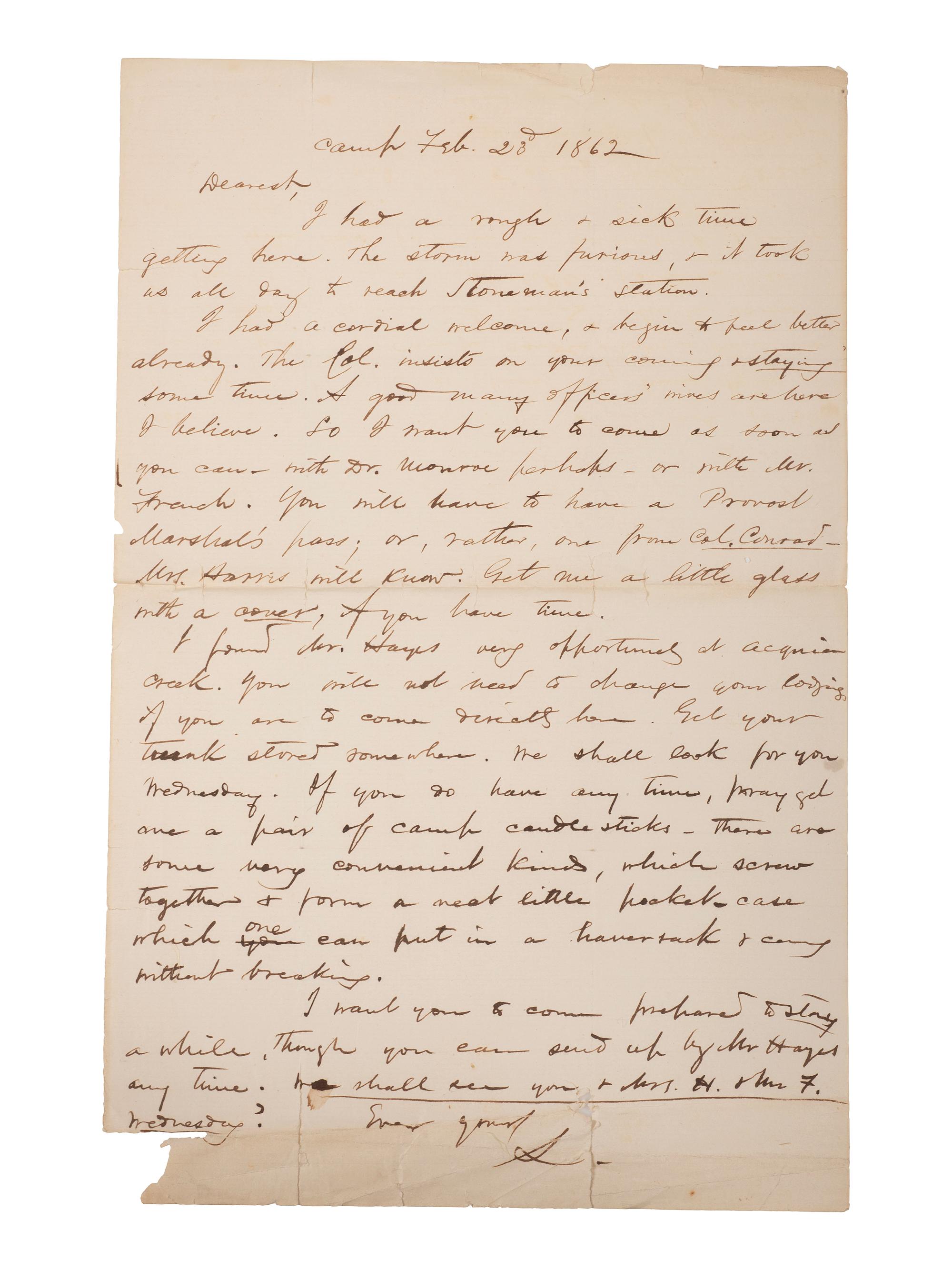 CHAMBERLAIN, Joshua (1828-1914). Autograph letter to wife Fanny Chamberlain requesting collapsible candlesticks. "Camp." 23 February 1862.