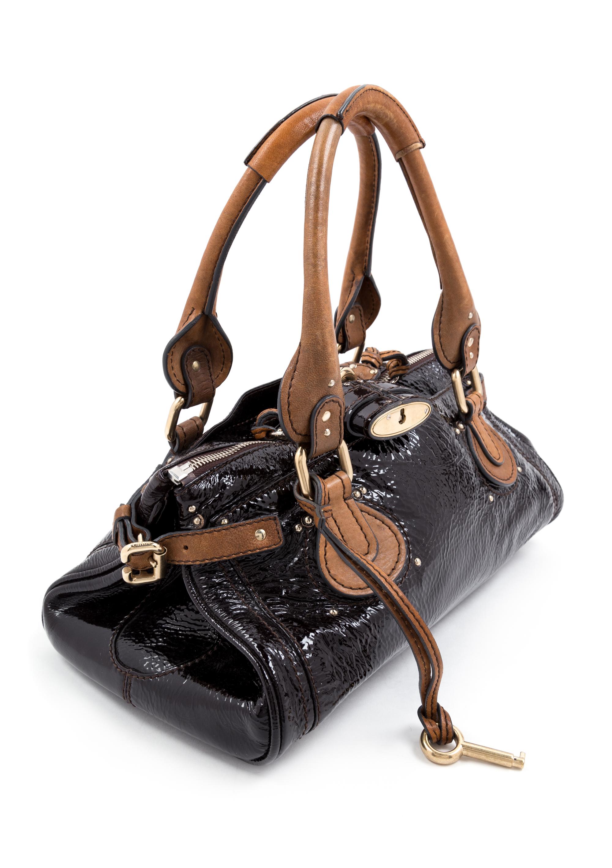 A Chloe Black Patent Paddington Bag, 6.5" H x 14.5" W x 8" D; Handle drop: 8".
