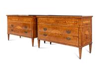 A Pair of North Italian Neoclassical Sans Traverse Walnut and Fruitwood Marquetry Commodes