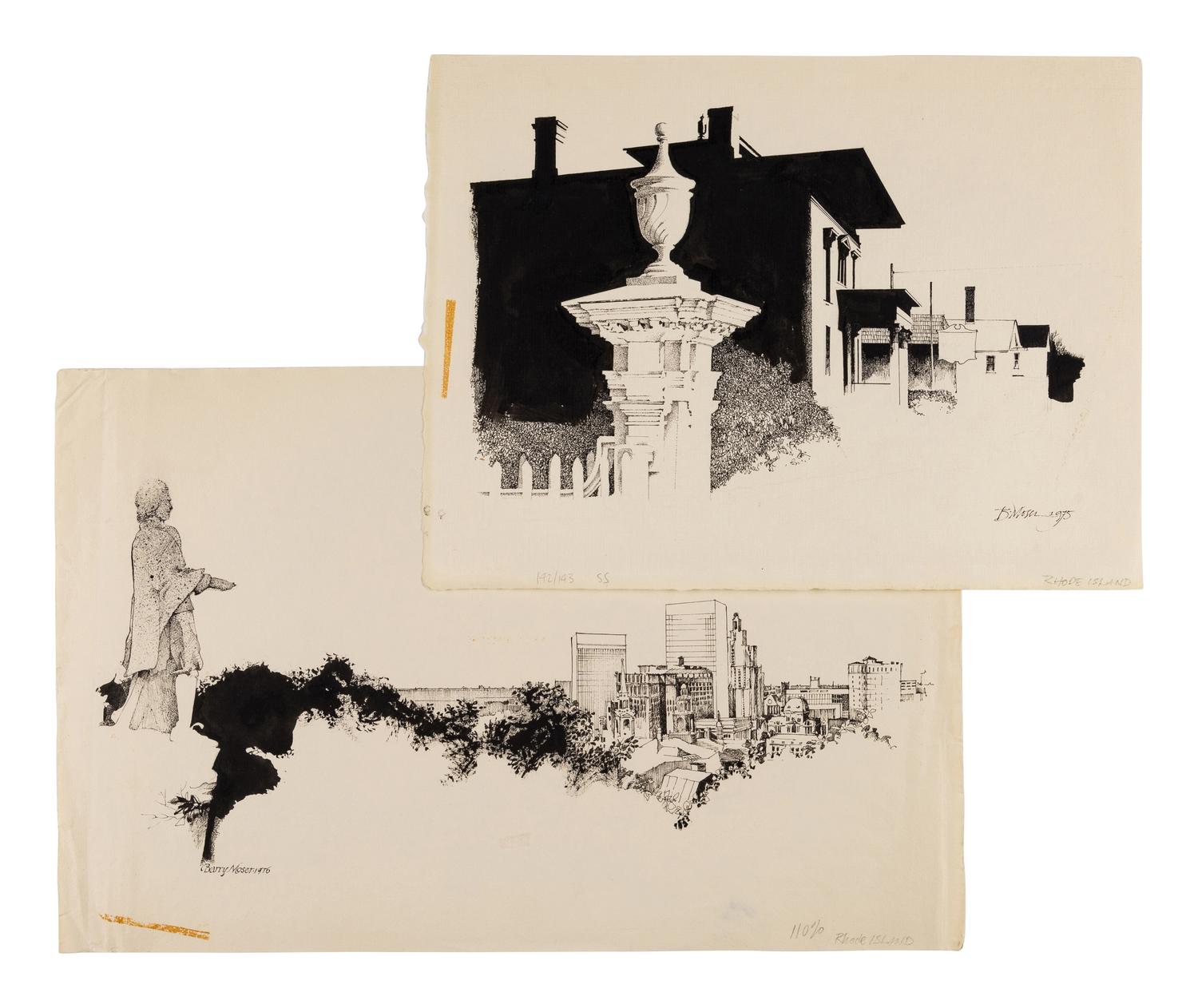 MOSER, Barry. 2 fine original pen & ink drawings for the Rhode Island: A Historical Guide , by Steinberg & McGuigan, published for the Rhode Island Bicentennial Commission (1976). comprising.