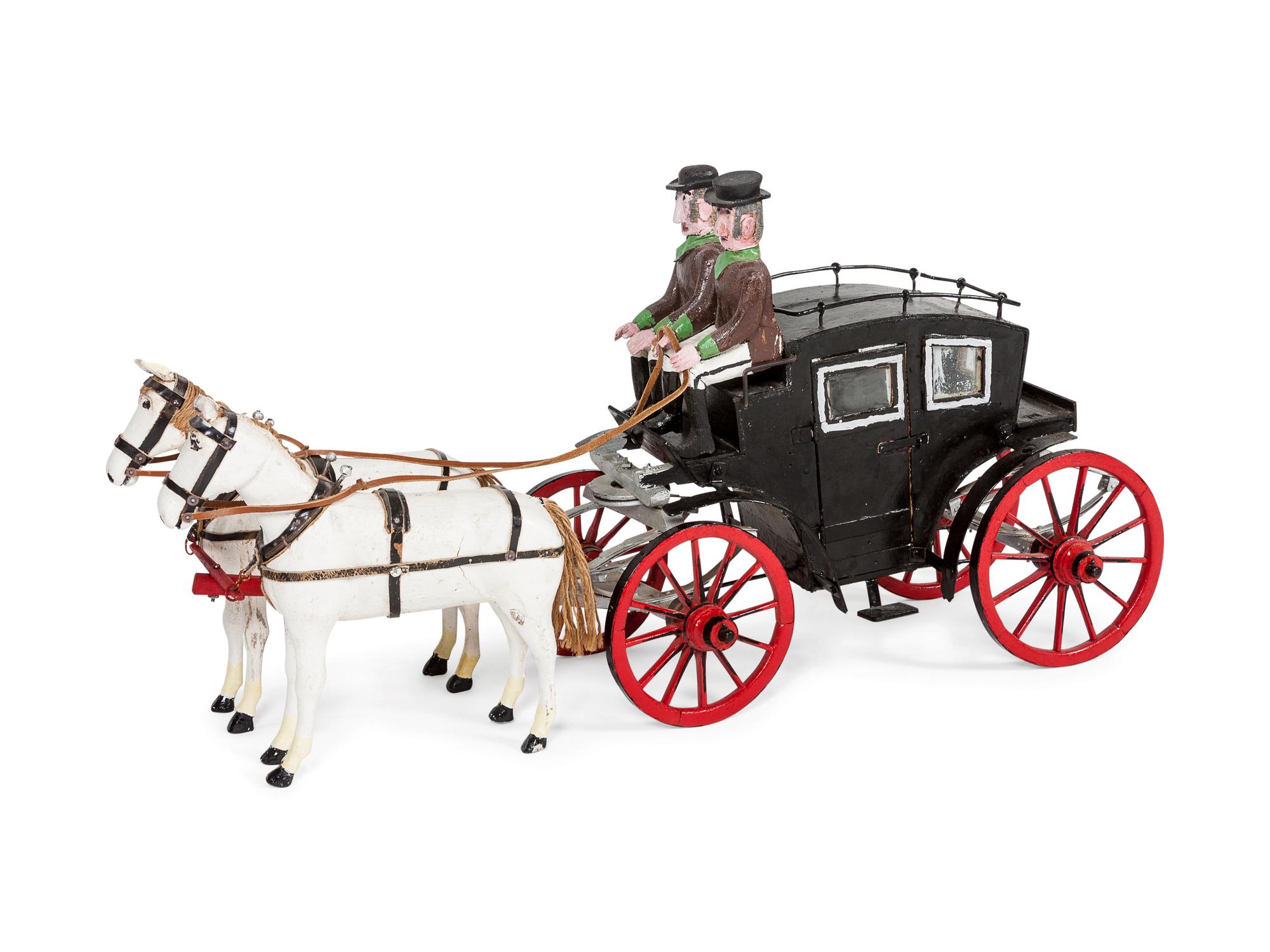 A Folk Art Carved and Painted Wood Two-Horse Carriage and Riders