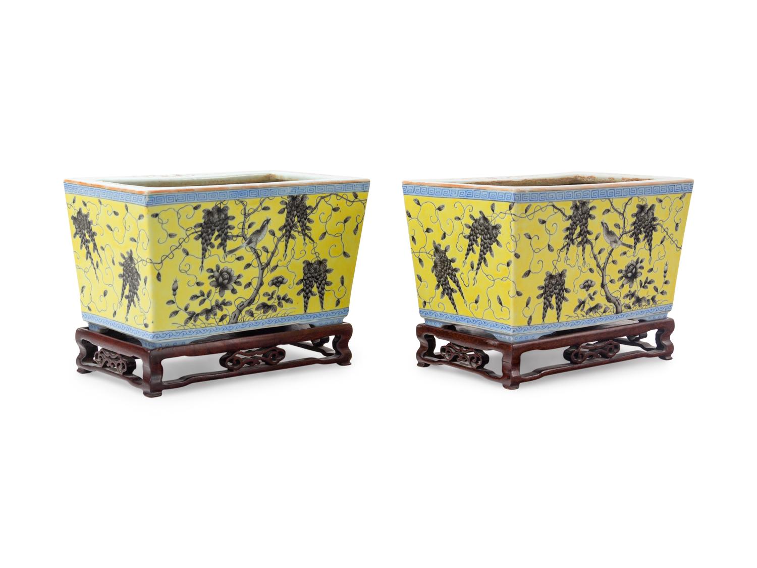 A Pair of Yellow Ground Grisaille Enameled Rectangular Planters