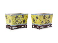 A Pair of Yellow Ground Grisaille Enameled Rectangular Planters