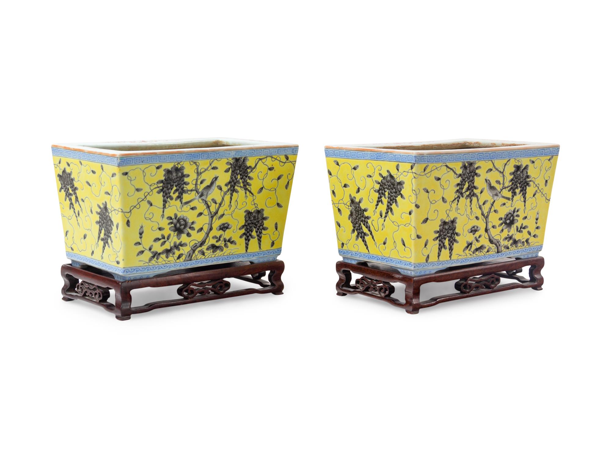 A Pair of Yellow Ground Grisaille Enameled Rectangular Planters