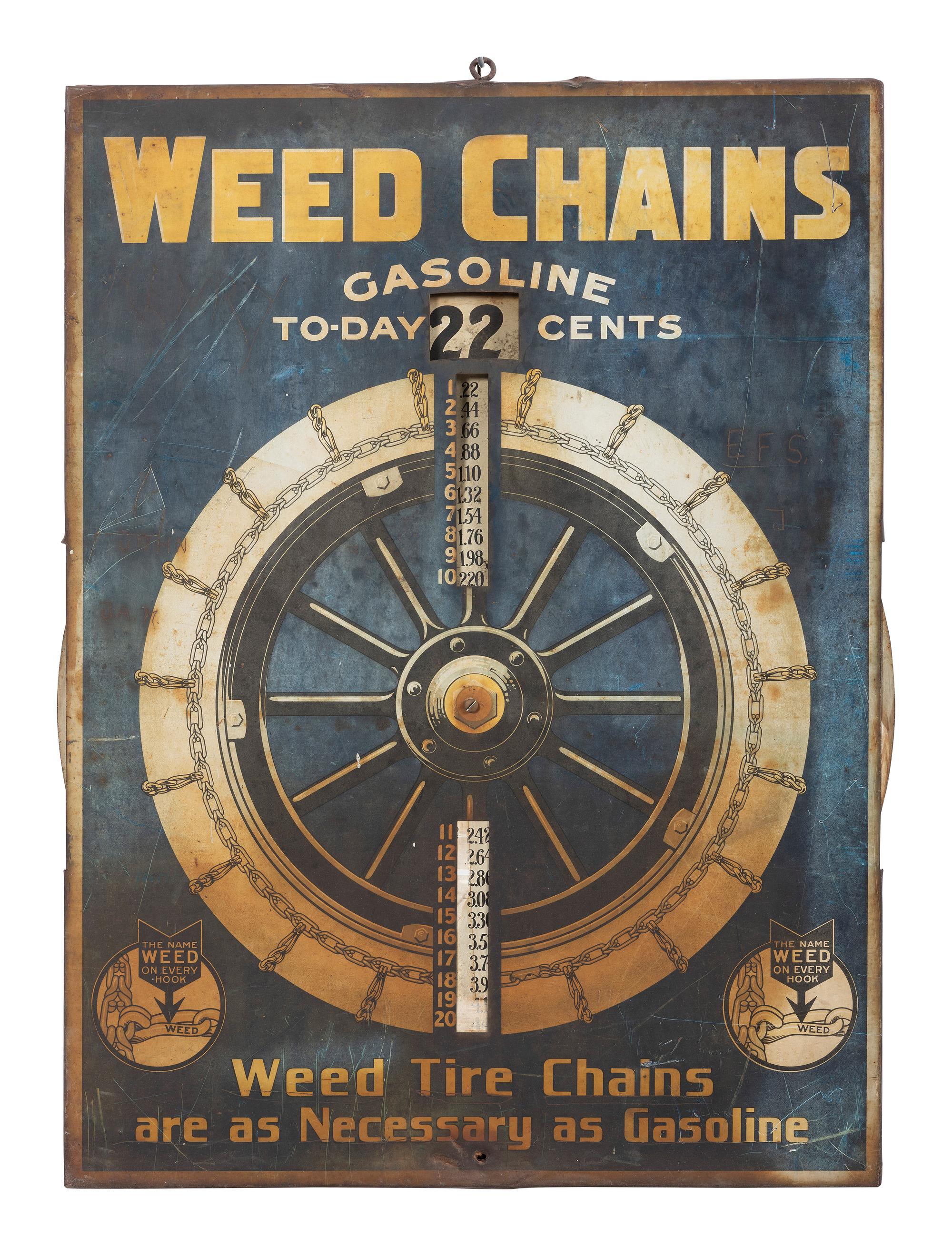 A Tin Lithograph Weed Chains Service Station Display Sign