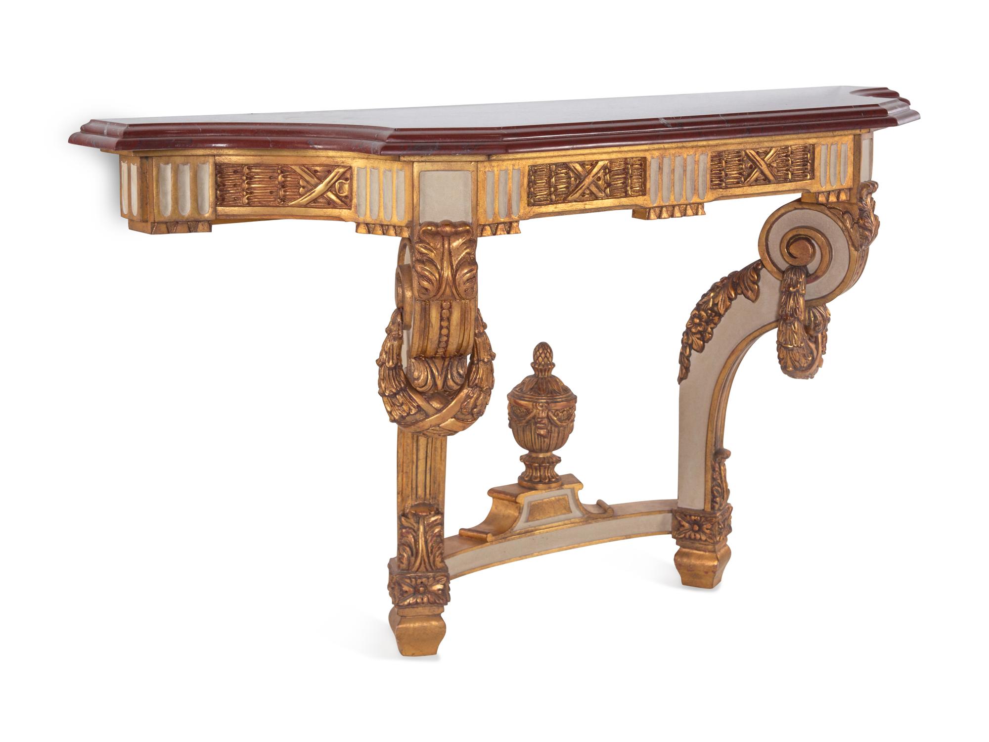 A Régence Style White-Painted and Parcel Gilt Marble-Top Console Table
