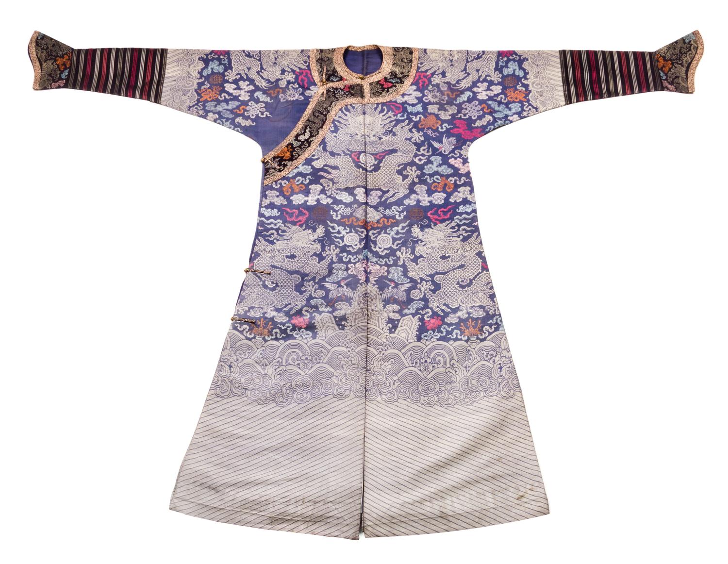 A Embroidered Silk Dragon Robe, Jifu Width of robe 78 1/2 inches. — LATE QING DYNASTY