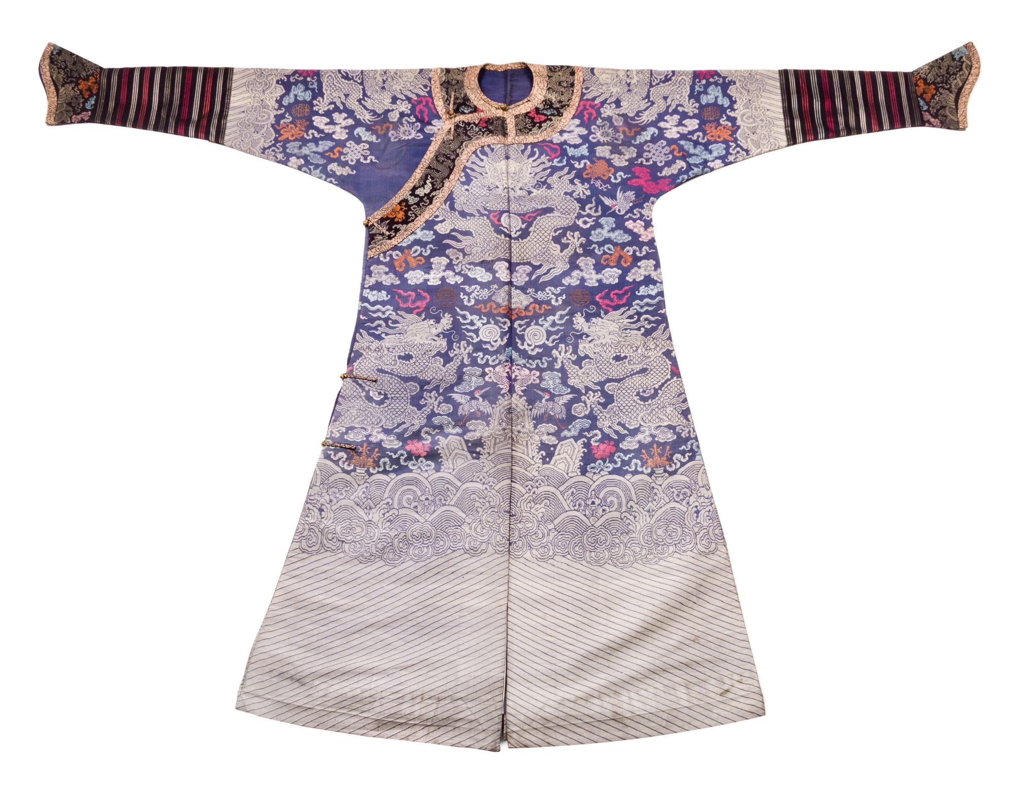 A Embroidered Silk Dragon Robe, Jifu Width of robe 78 1/2 inches. — LATE QING DYNASTY