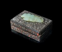 A Chinese Jade Inset Cinnabar Lacquer Rectangular Covered Box