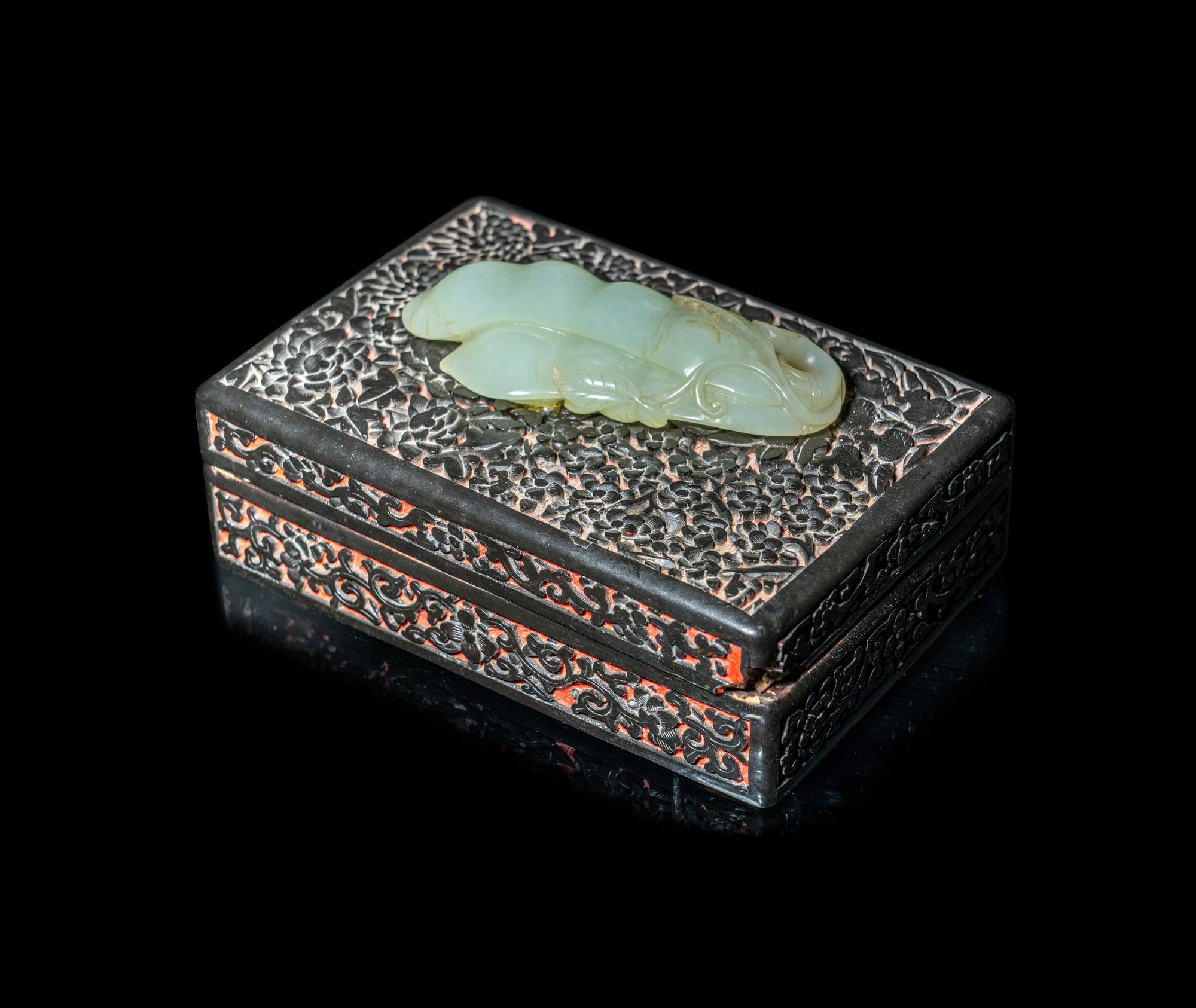 A Chinese Jade Inset Cinnabar Lacquer Rectangular Covered Box