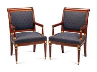 A Pair of Directoire Style Gilt Bronze Mounted Mahogany Armchairs