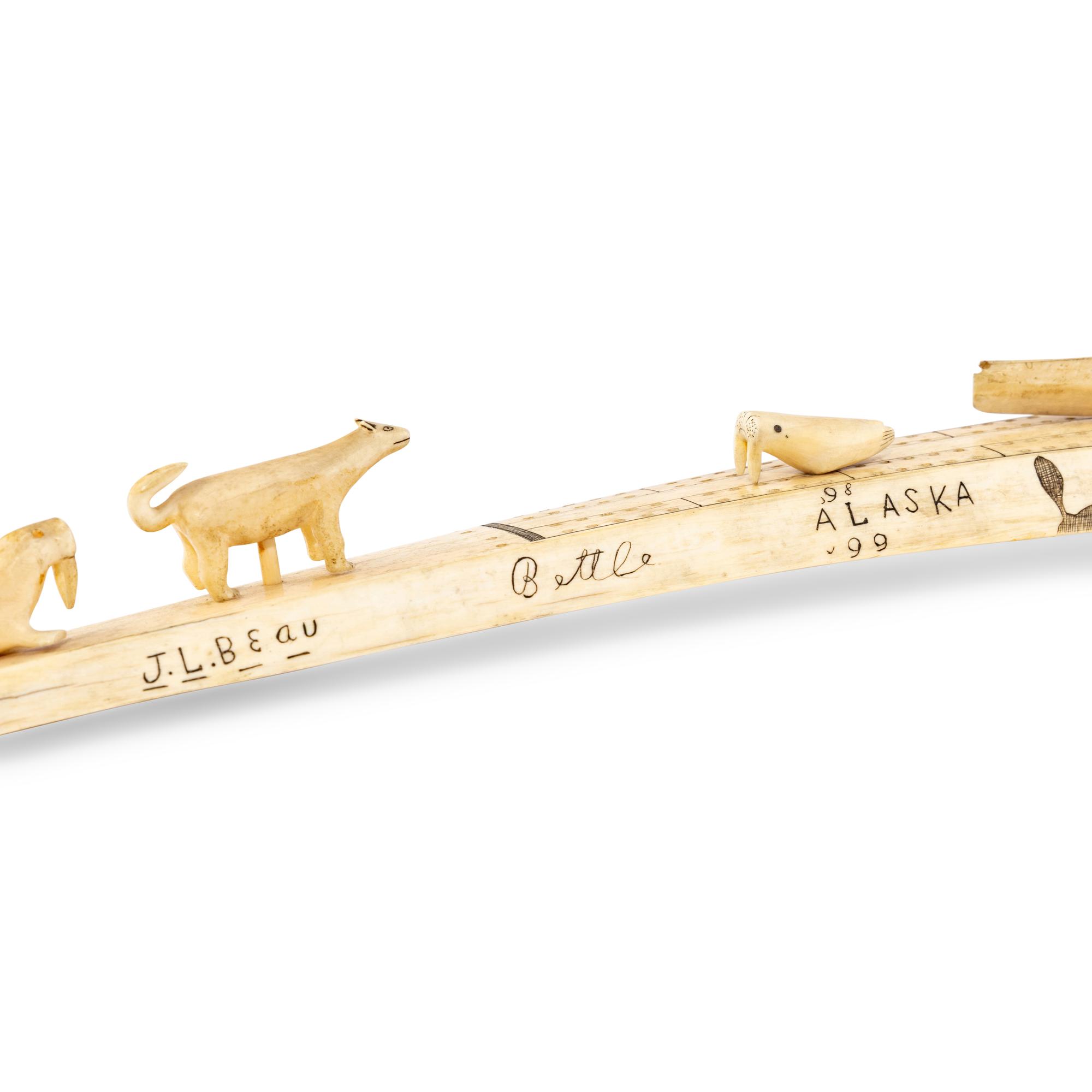 Yup'ik Decorated Cribbage Board, Inscribed to Johnny Beau