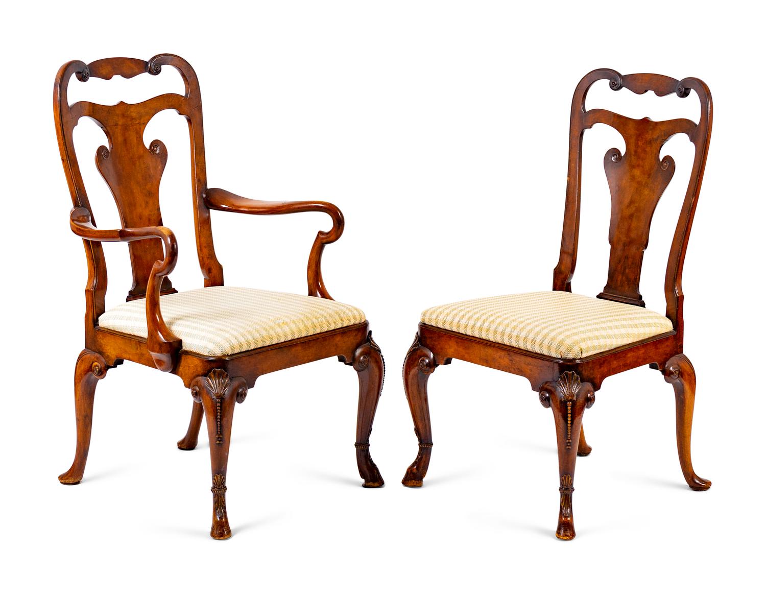 A Set of Six George II Style Walnut and Burl Veneer Dining Chairs — 19TH CENTURY