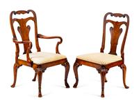 A Set of Six George II Style Walnut and Burl Veneer Dining Chairs — 19TH CENTURY