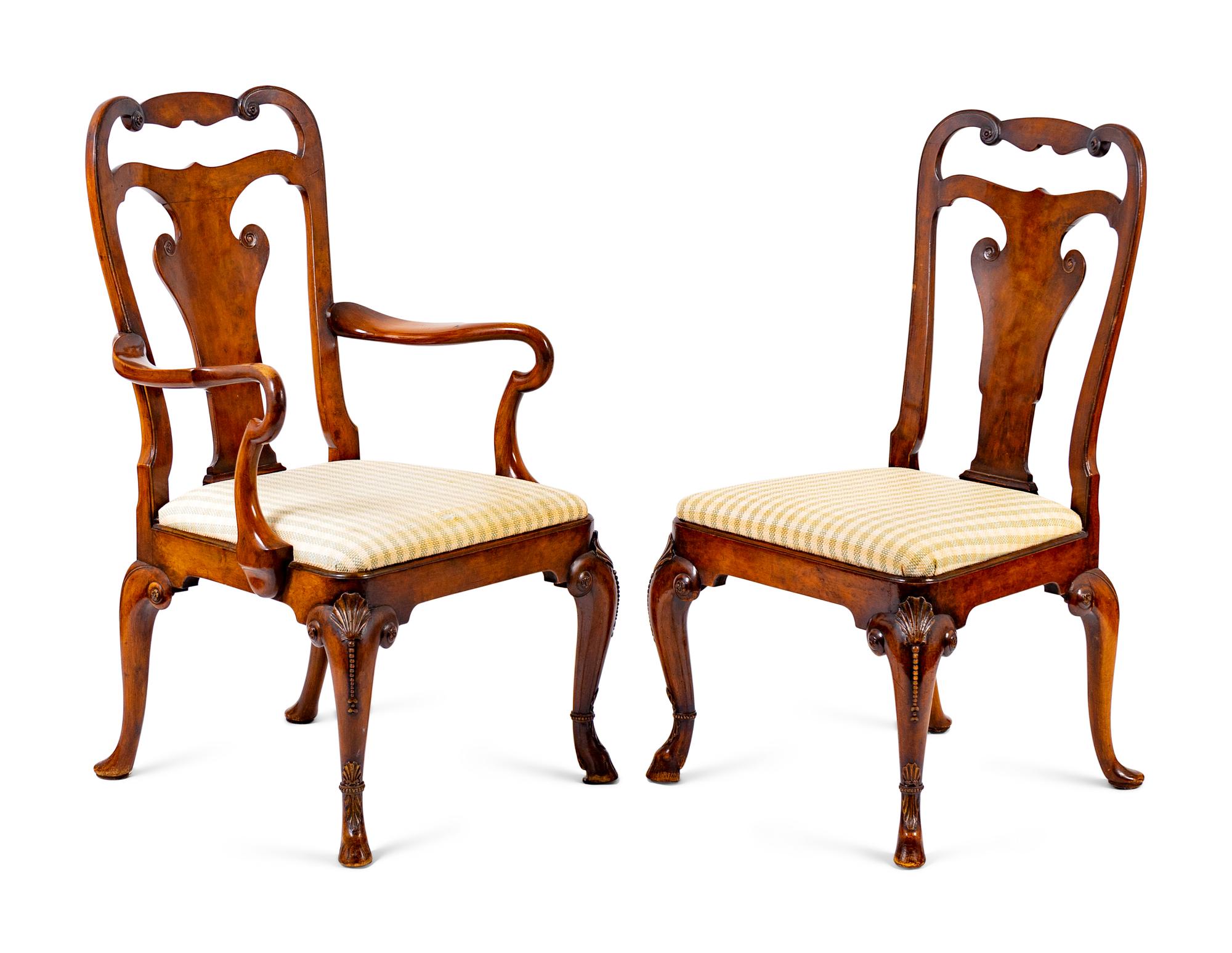 A Set of Six George II Style Walnut and Burl Veneer Dining Chairs — 19TH CENTURY