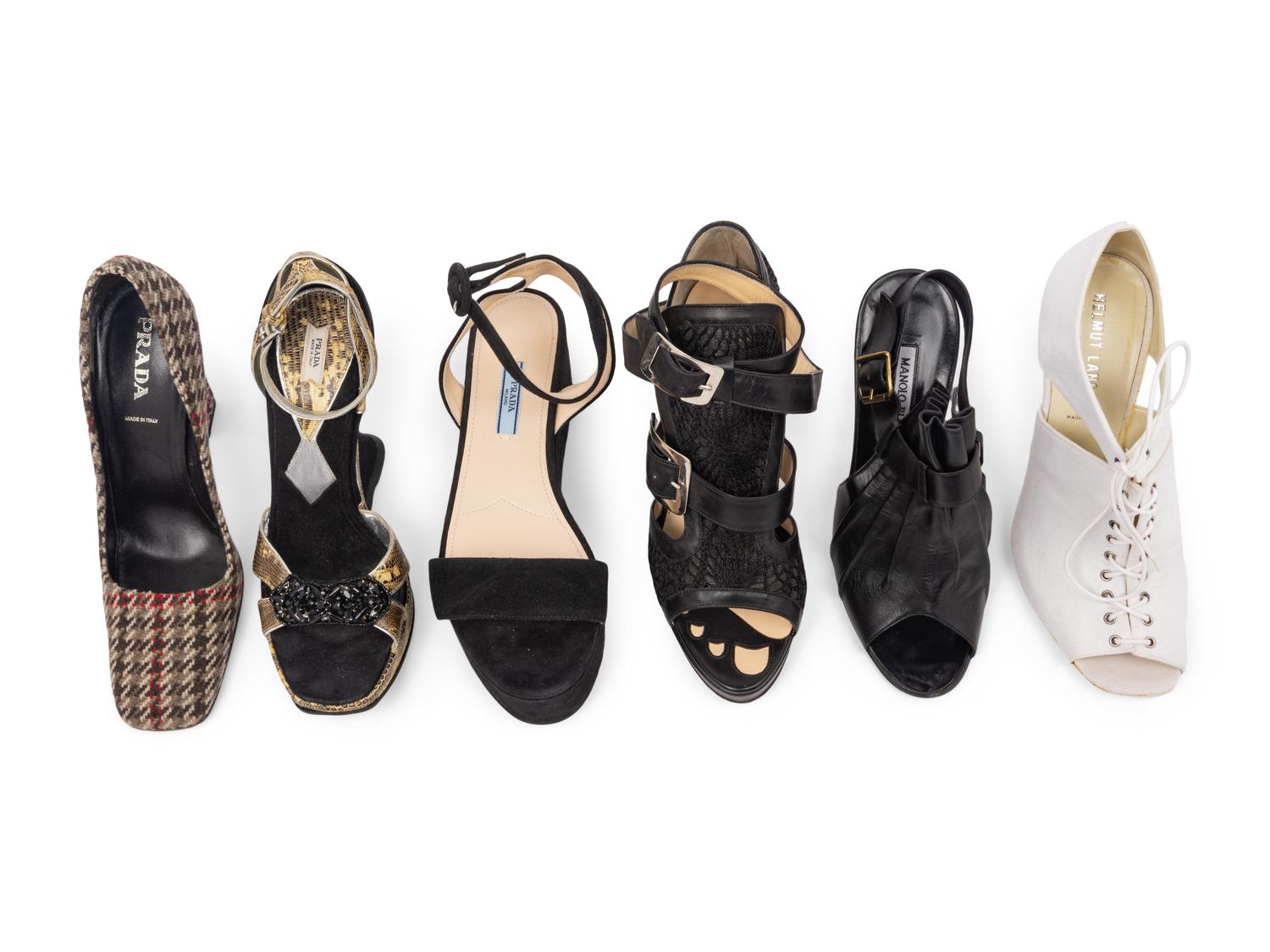A Collection of Six Pairs of Designer Shoes by Prada, Jean Paul Gaultier, Manolo Blahnik, and Helmut Lang