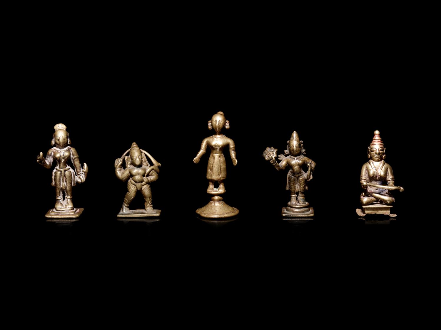 Five Small Indian Bronze Figures of Deities and Attendants
