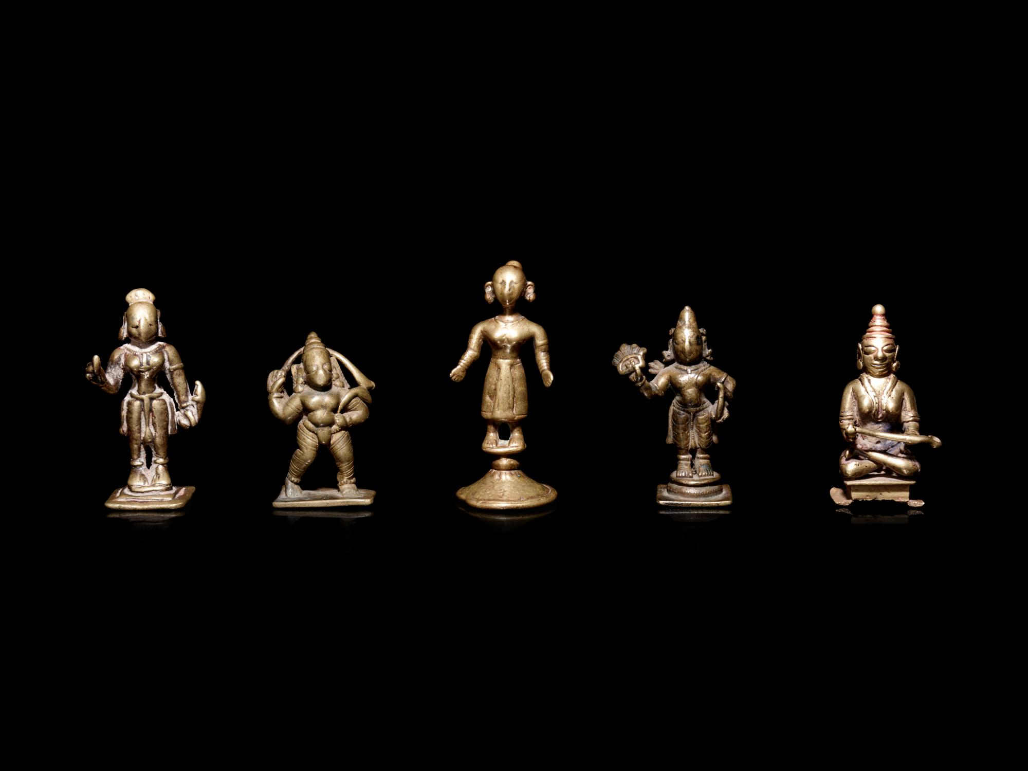 Five Small Indian Bronze Figures of Deities and Attendants