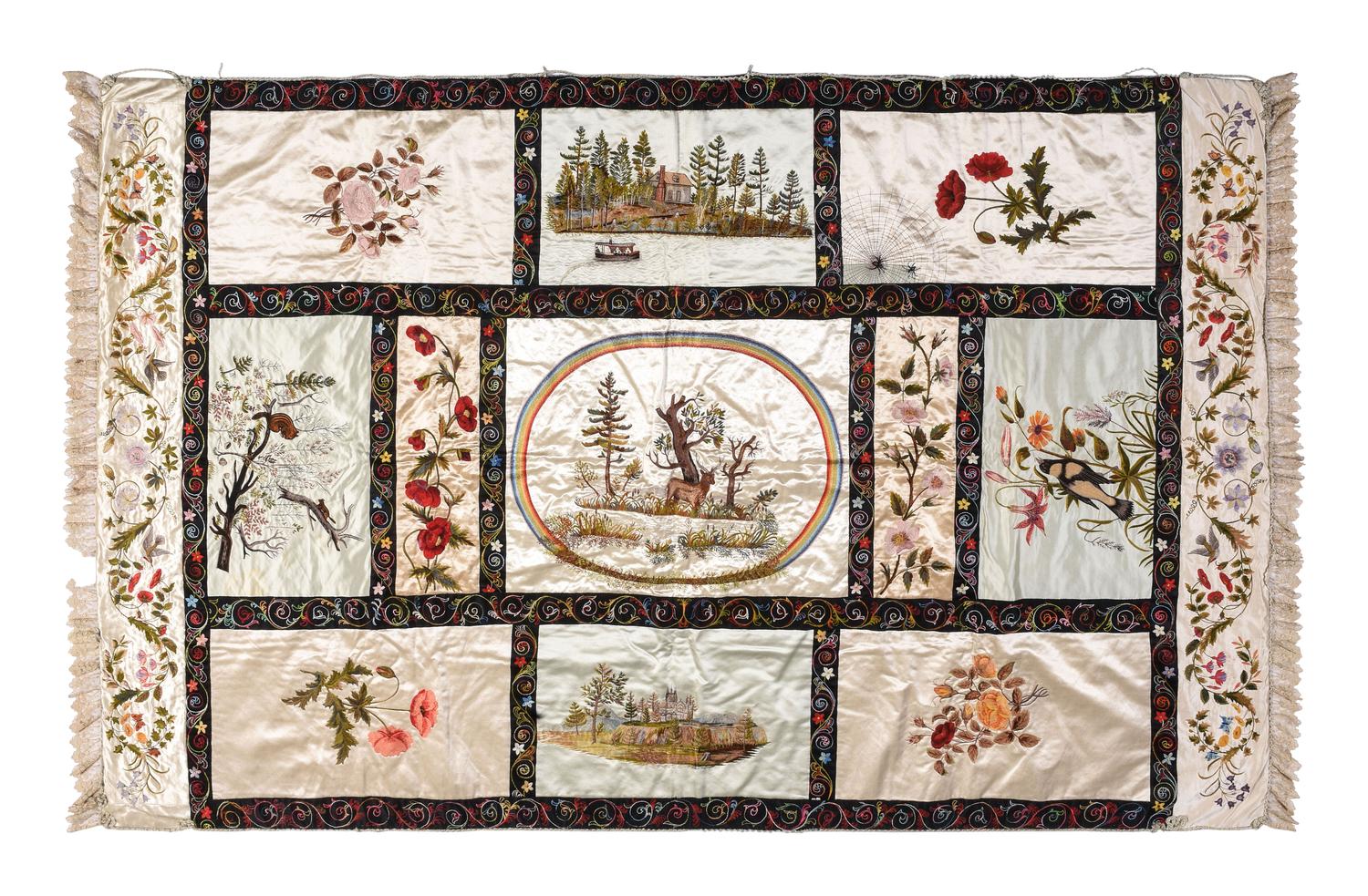 An Embroidered Silk and Lace Bedspread