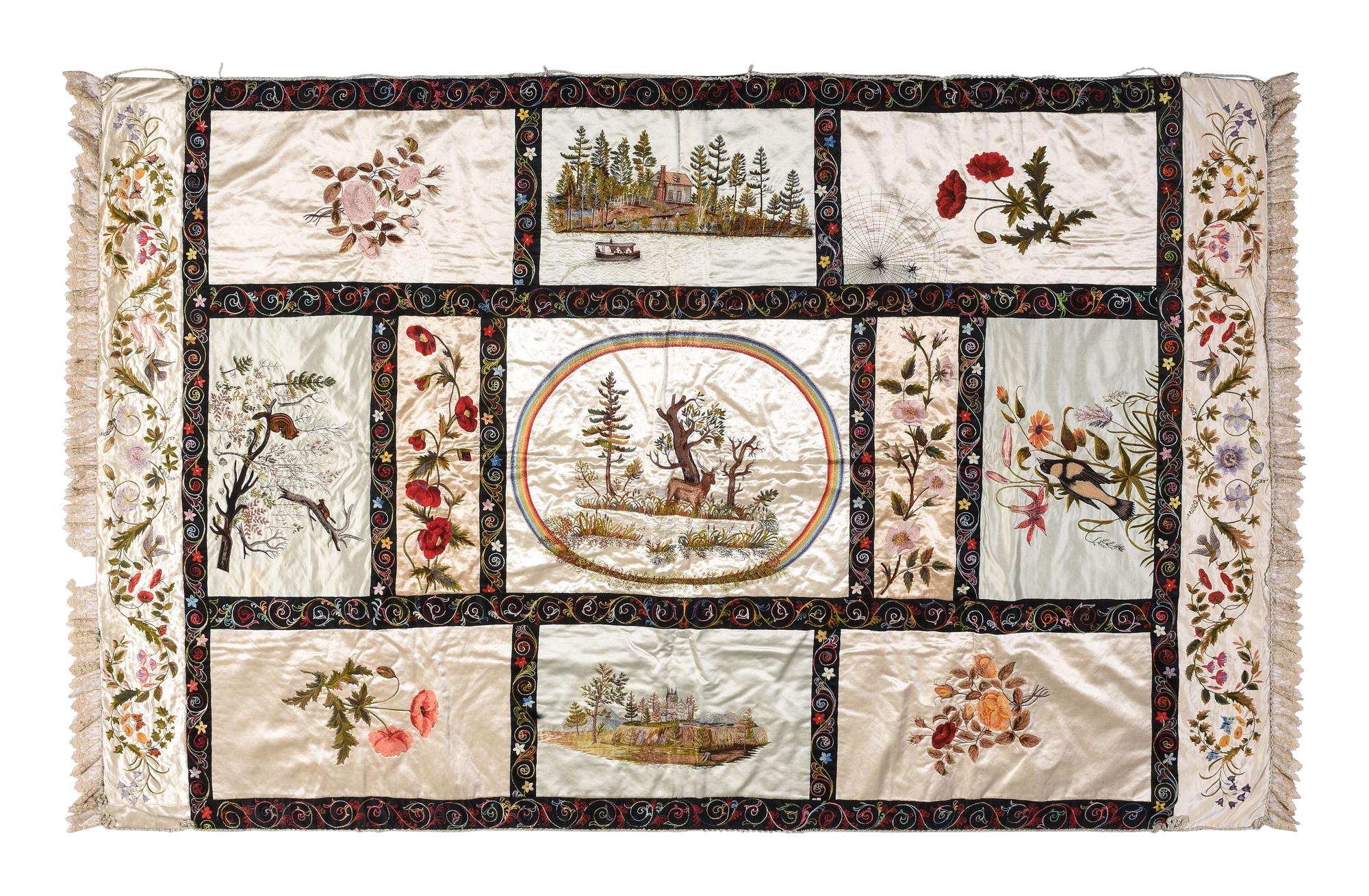 An Embroidered Silk and Lace Bedspread