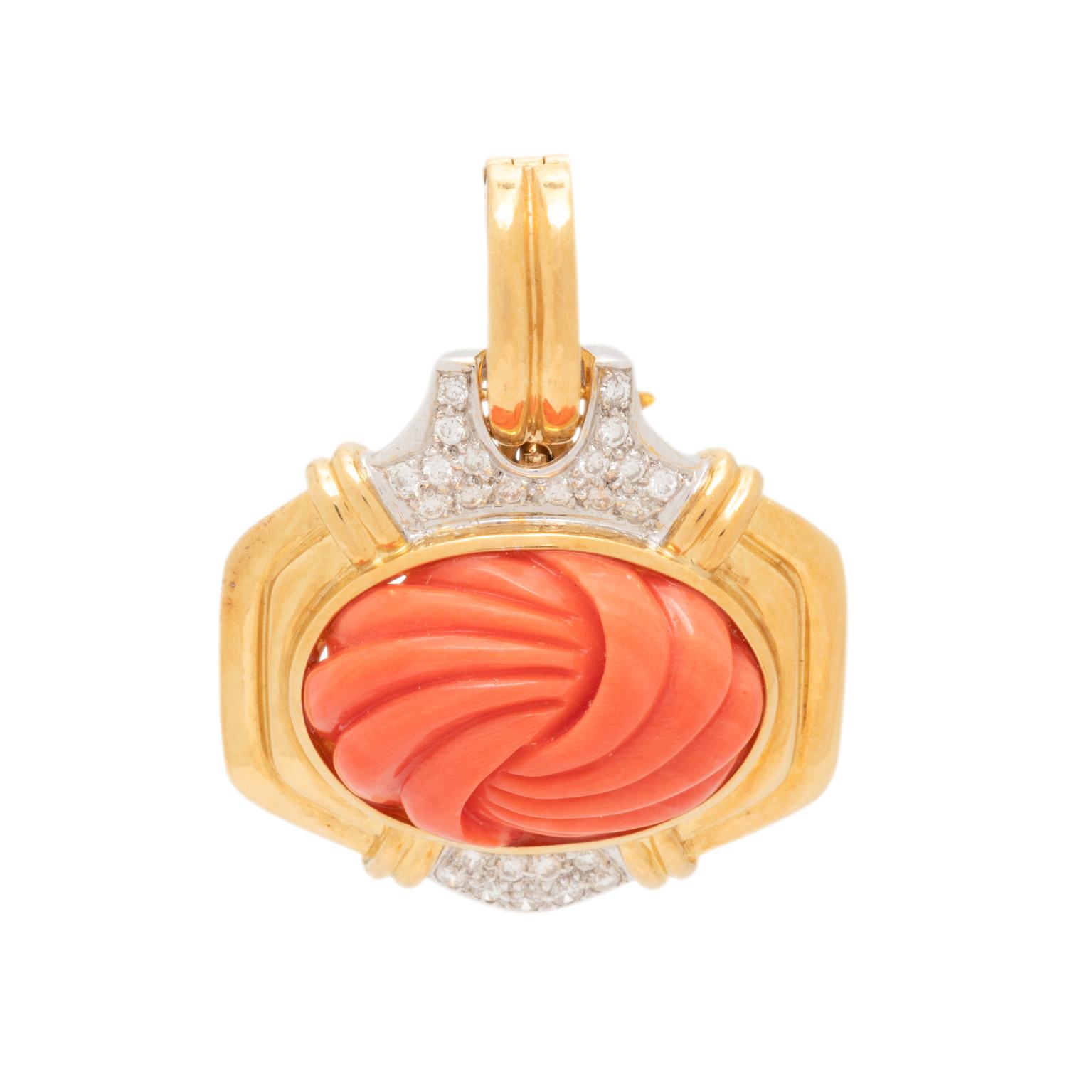 YELLOW GOLD, CORAL AND DIAMOND PENDANT