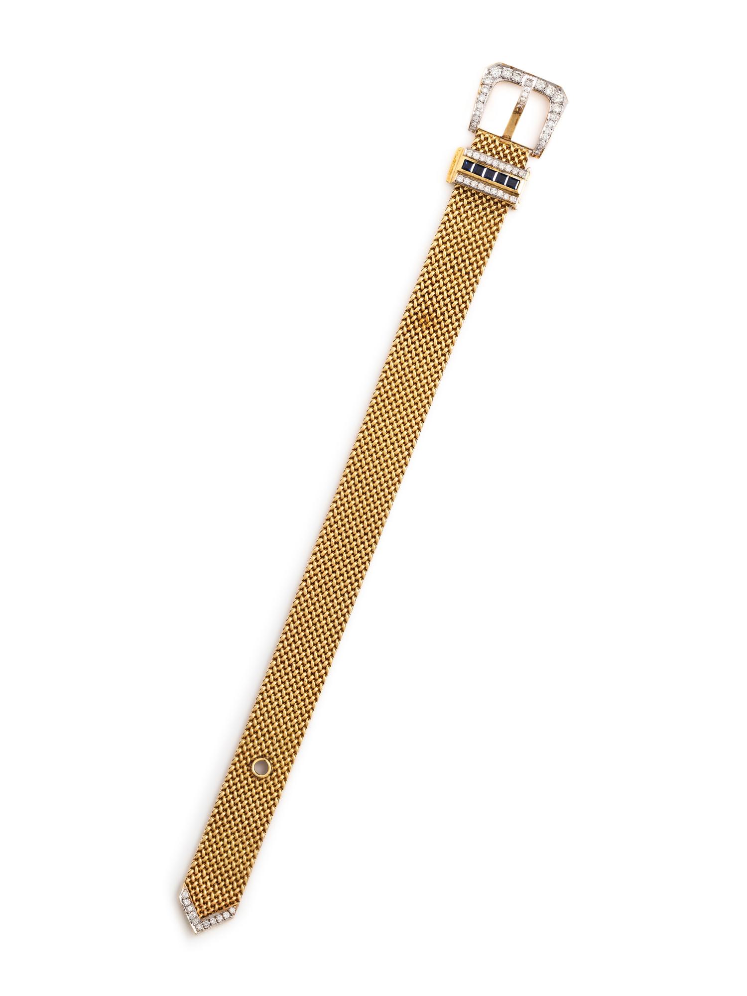 YELLOW GOLD, DIAMOND AND SAPPHIRE BUCKLE BRACELET