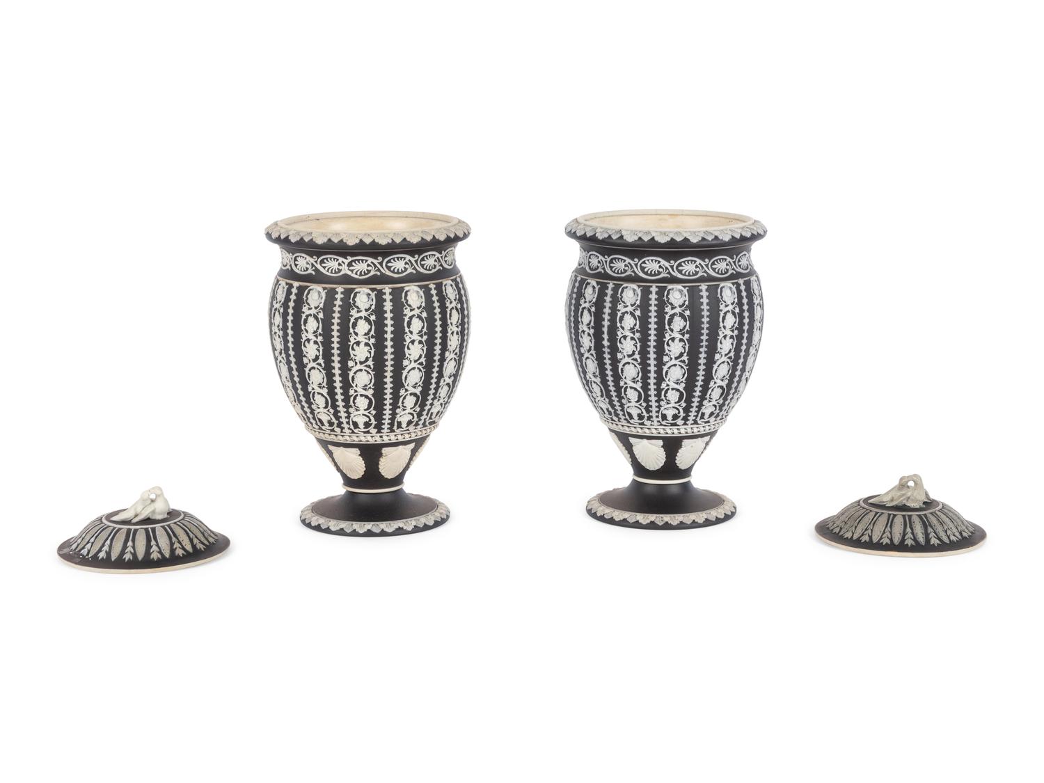 A Pair of Wedgwood Jasperware Covered Urns