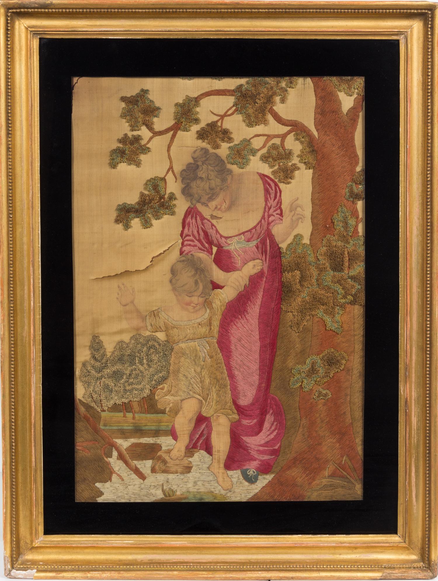 An English Embroidery and Painting on Silk Height 22 x width 15 inches. — 19TH CENTURY
