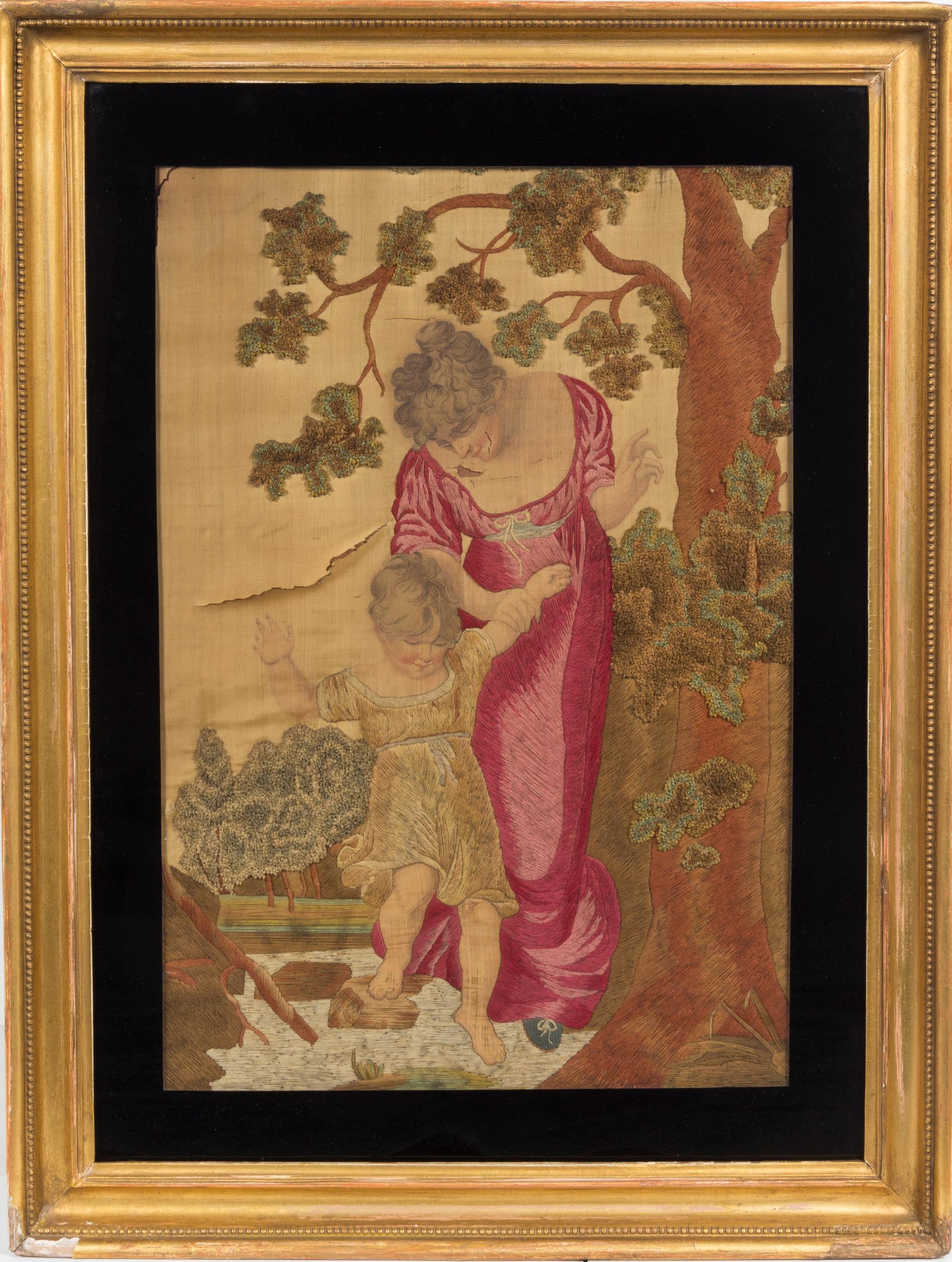An English Embroidery and Painting on Silk Height 22 x width 15 inches. — 19TH CENTURY
