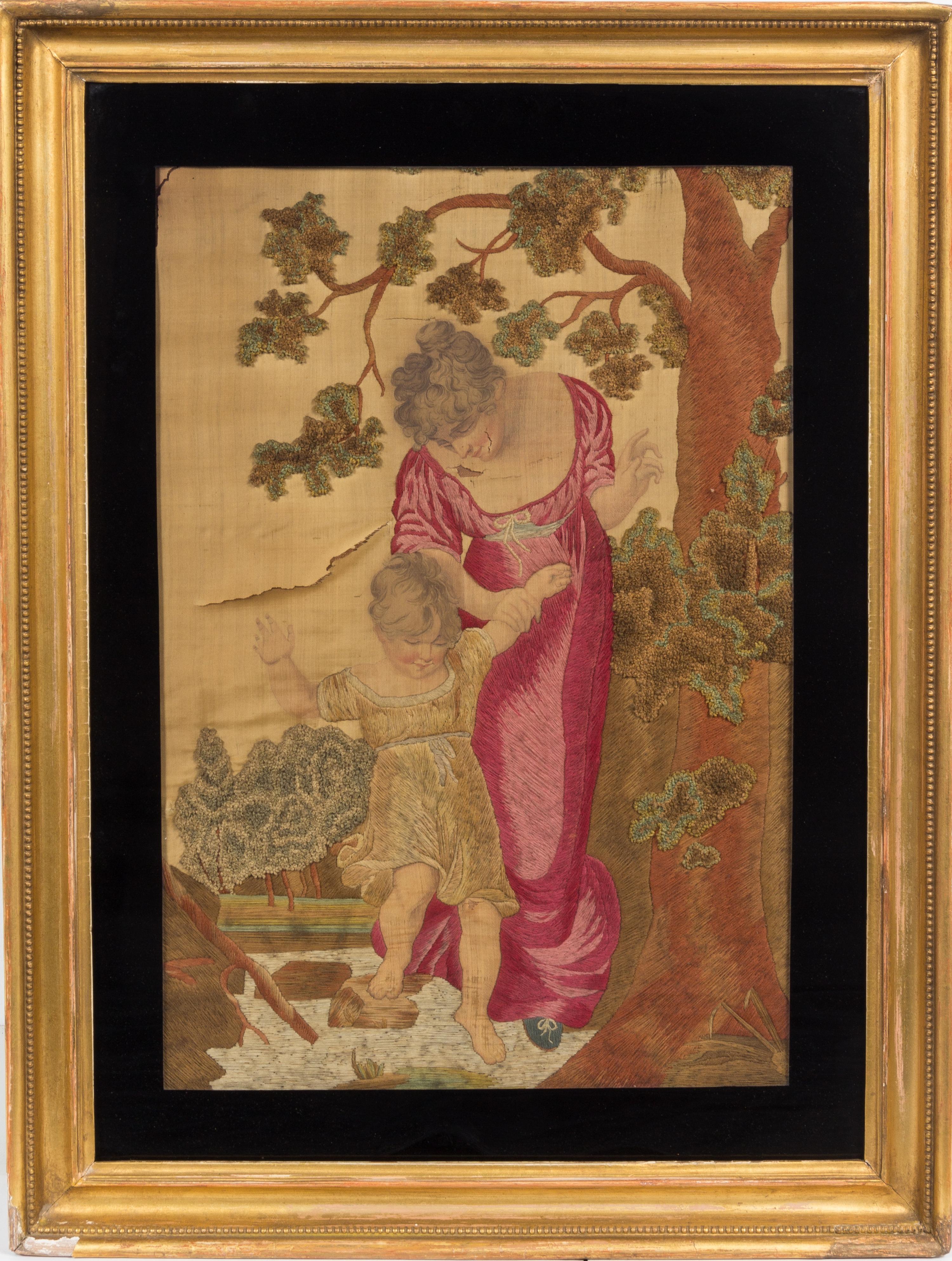 An English Embroidery and Painting on Silk Height 22 x width 15 inches. — 19TH CENTURY