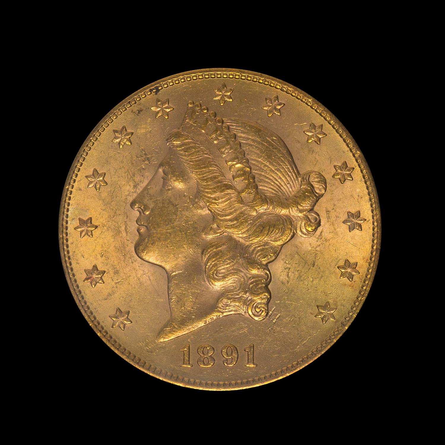 A United States 1891-S Liberty Head $20 Gold Coin