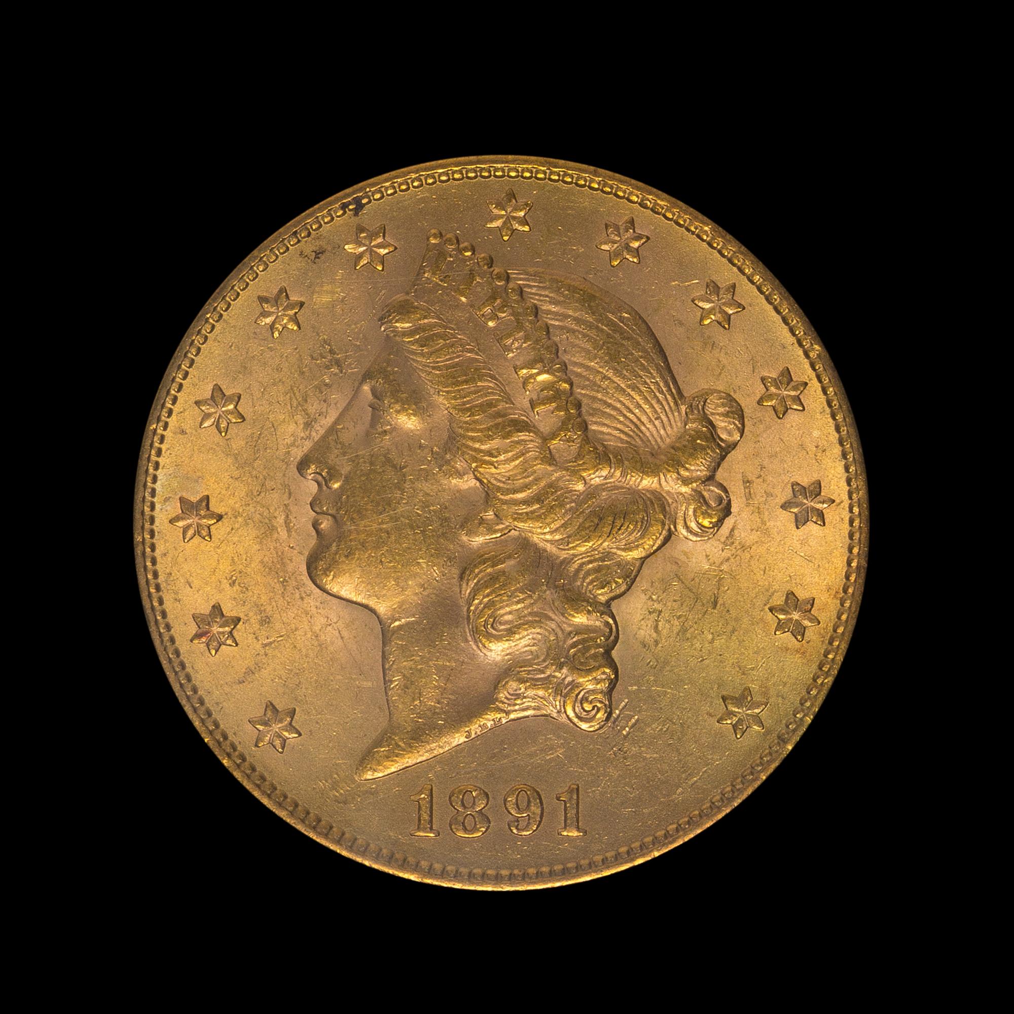 A United States 1891-S Liberty Head $20 Gold Coin
