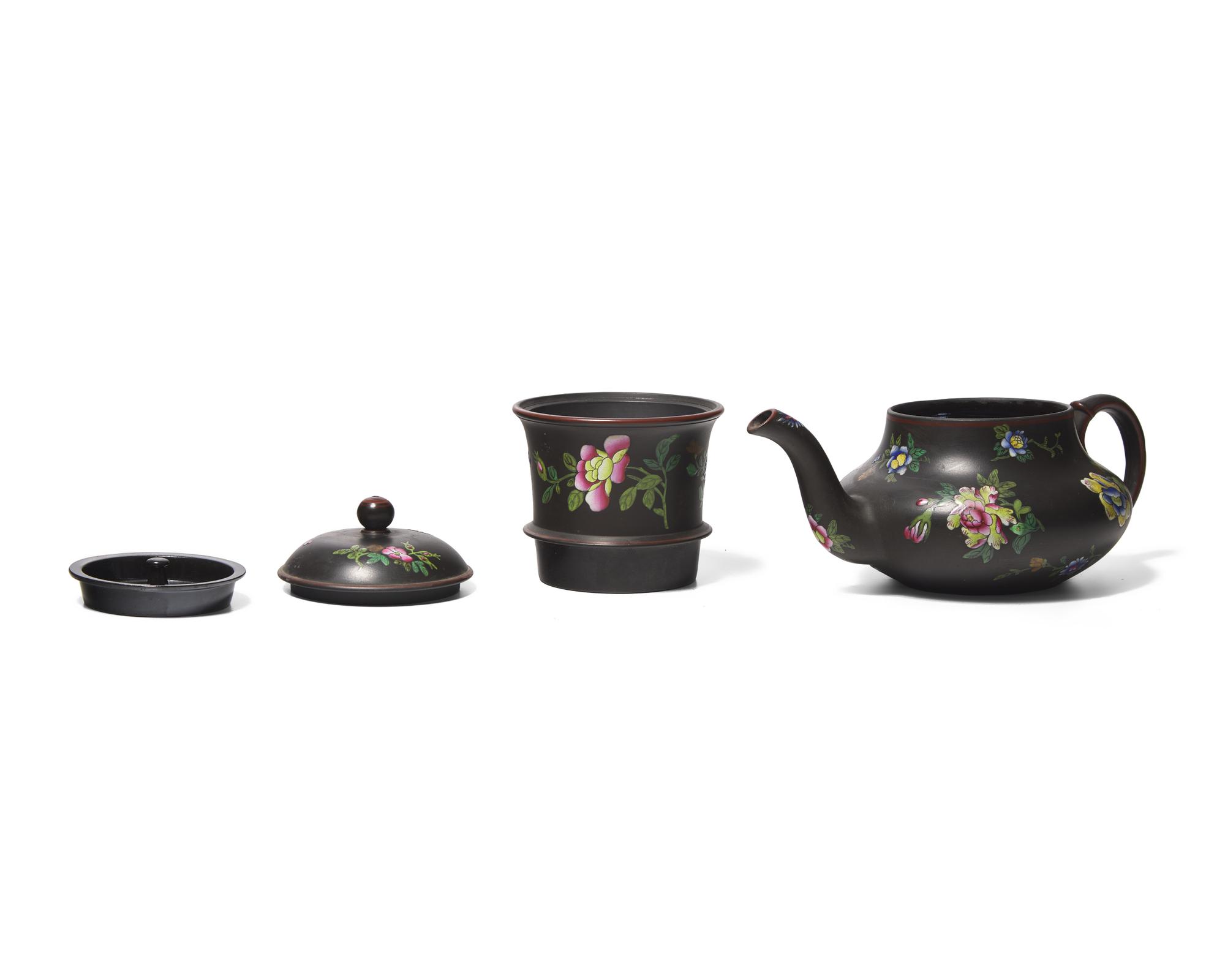 A Wedgwood Capriware Black Basalt Teapot with Strainer and Creamer