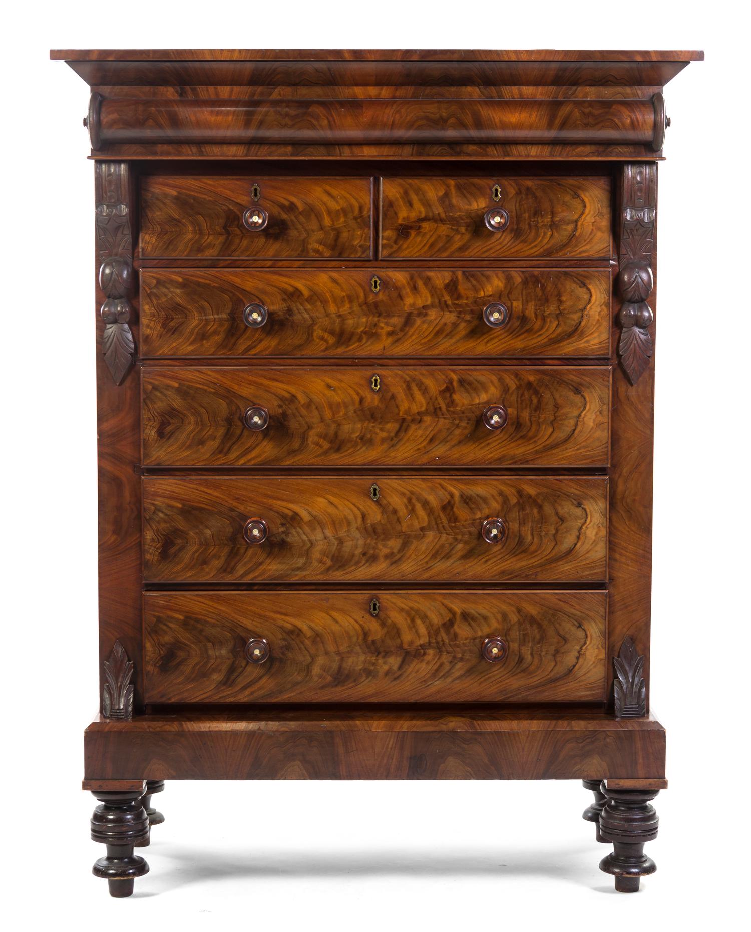 An American Classical Mahogany High Boy, Height 72 x width 54 x depth 25 1/4 inches.