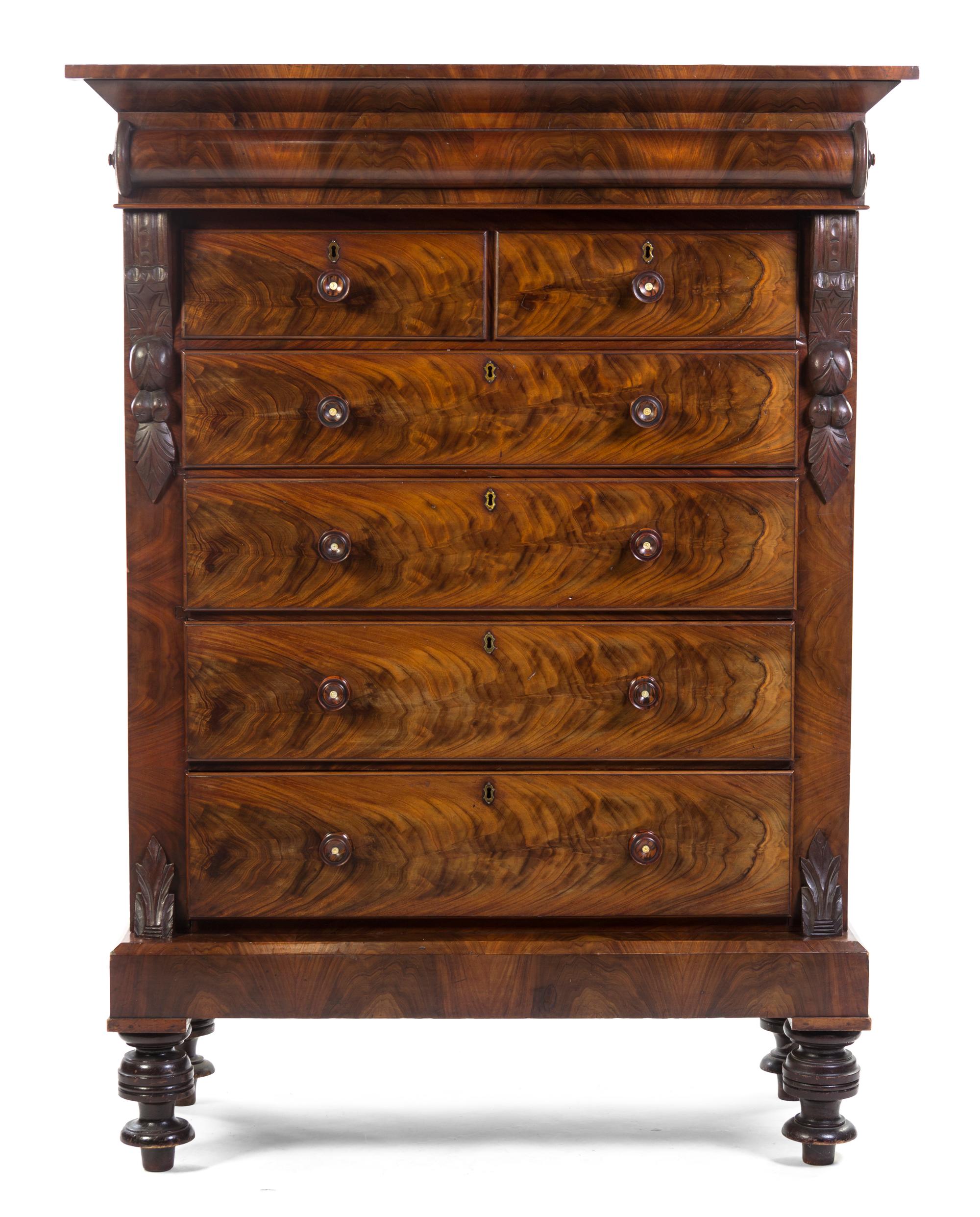 An American Classical Mahogany High Boy, Height 72 x width 54 x depth 25 1/4 inches.