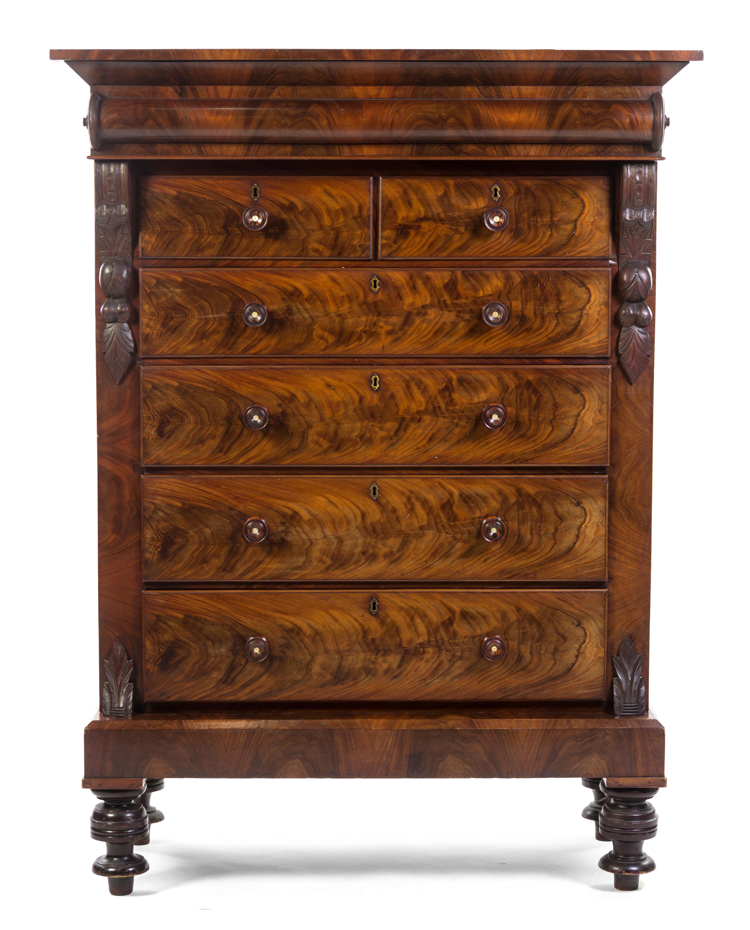 An American Classical Mahogany High Boy, Height 72 x width 54 x depth 25 1/4 inches.