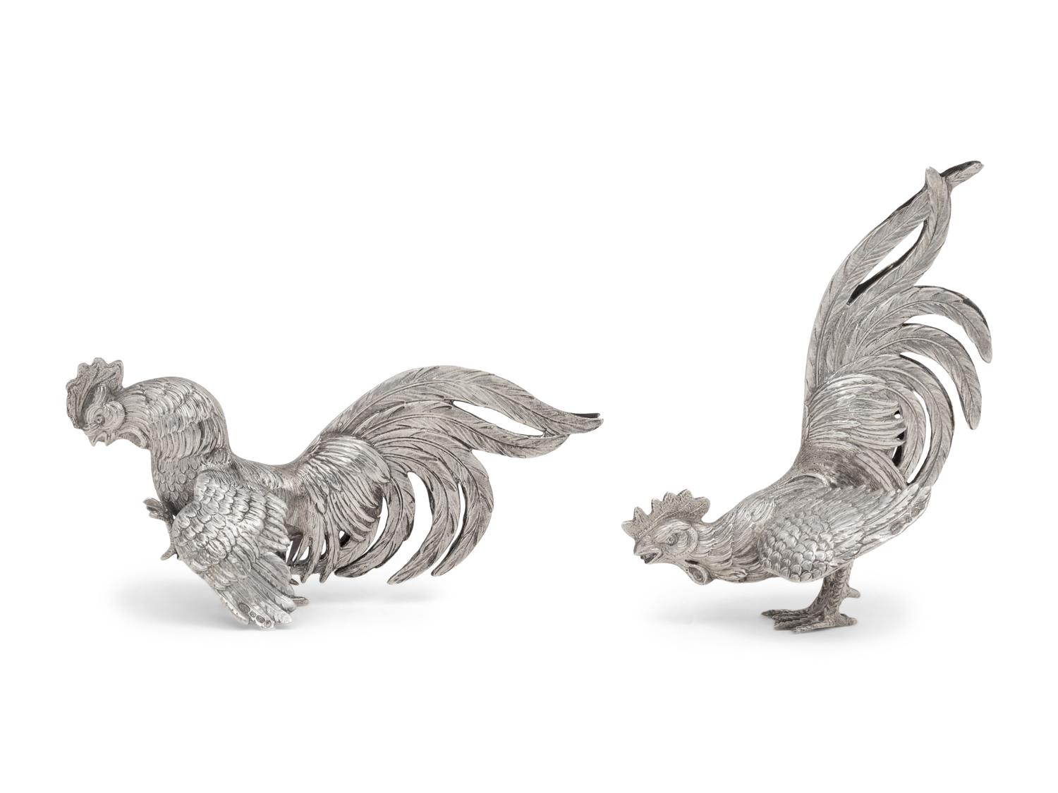 A Pair of Continental Silver Cockerels