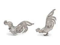 A Pair of Continental Silver Cockerels