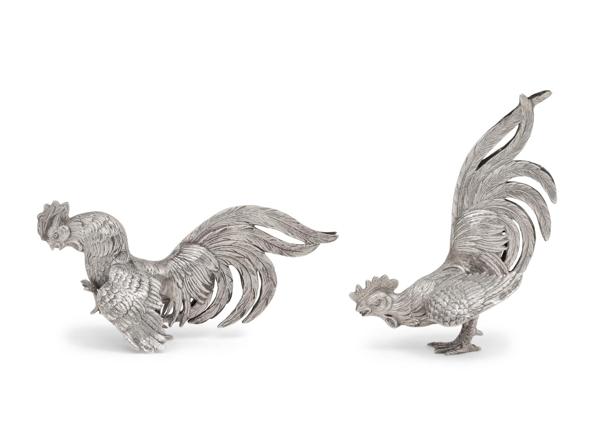 A Pair of Continental Silver Cockerels