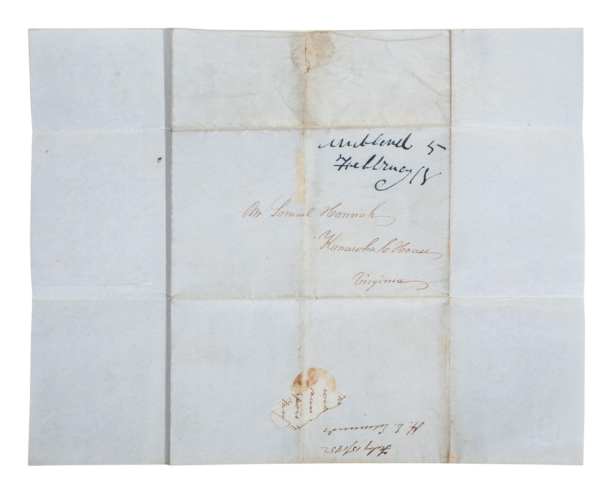 [ENSLAVEMENT & ABOLITION]. Letter from a Virginia enslaver describing the management of a plantation and its enslaved labor. N.p. [Virginia], 15 February 1852.
