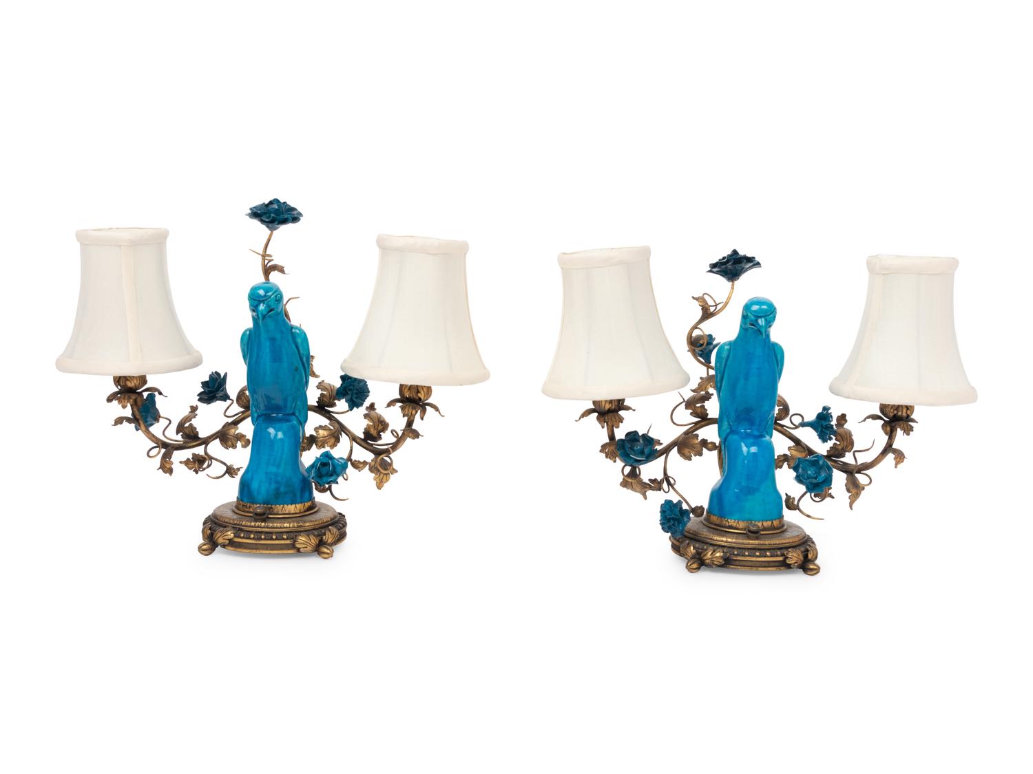 A Pair of Chinese Export Porcelain and Gilt Metal Mounted Two-Light Lamps