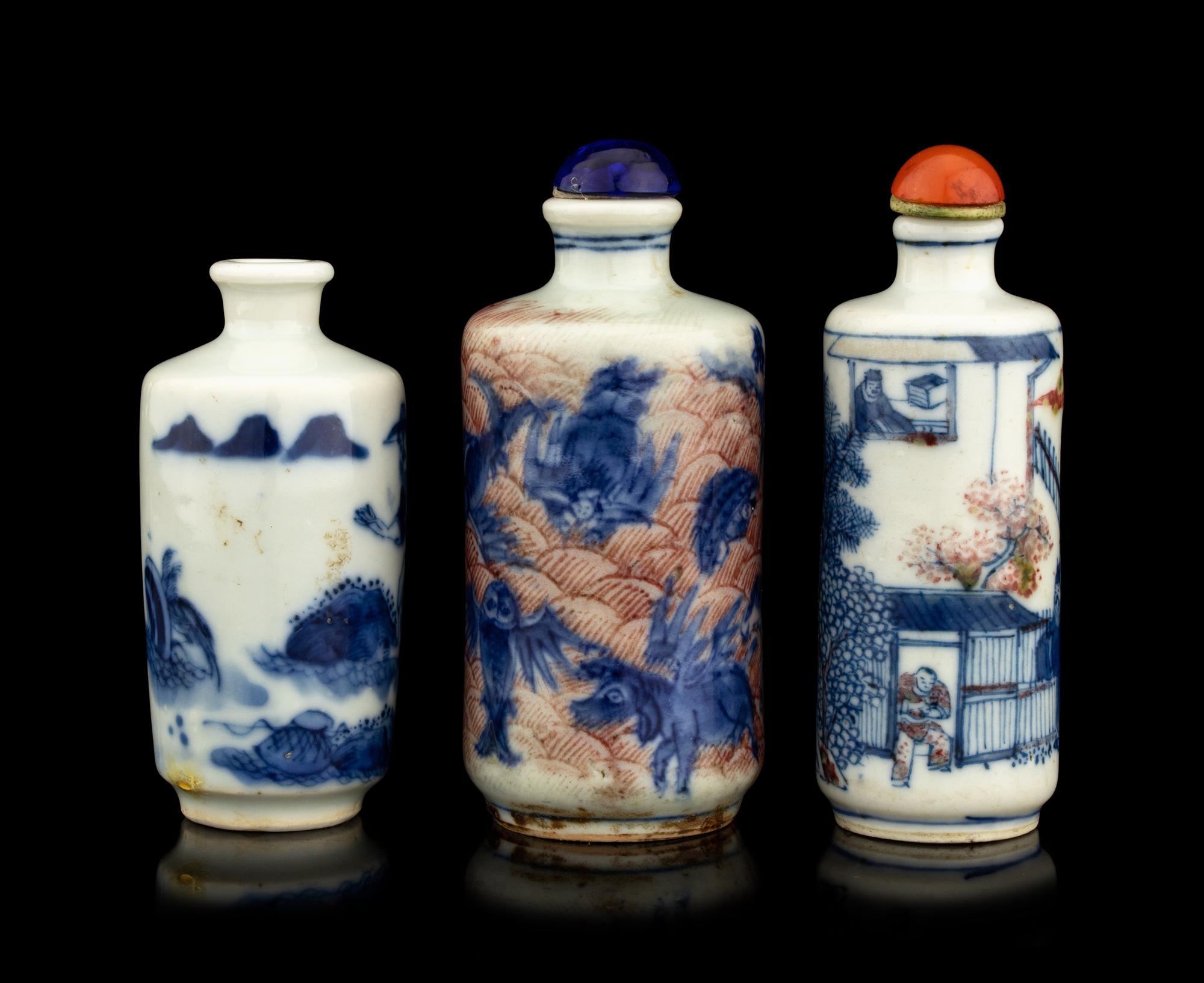 Three Blue and White Porcelain Snuff Bottles
