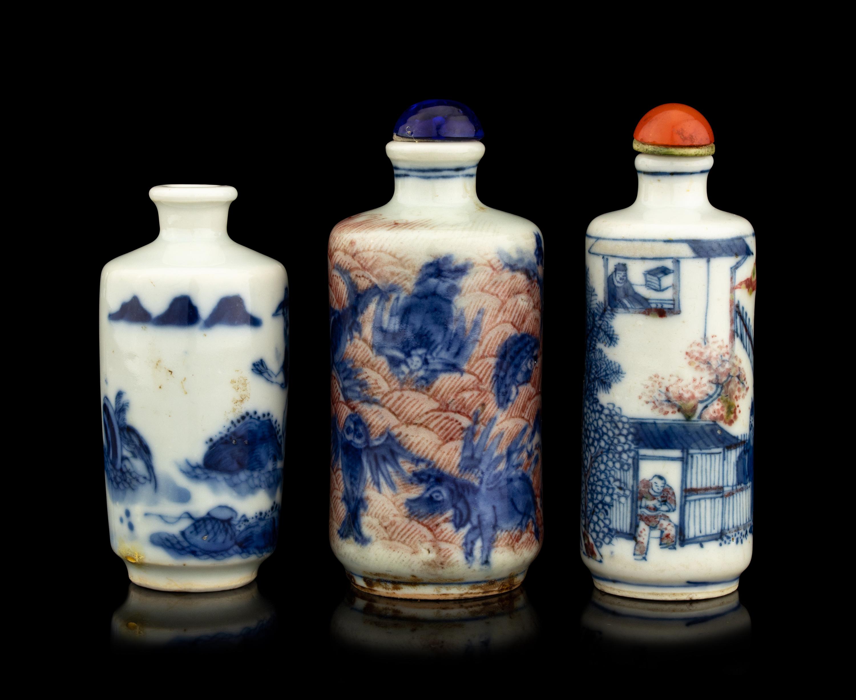 Three Blue and White Porcelain Snuff Bottles