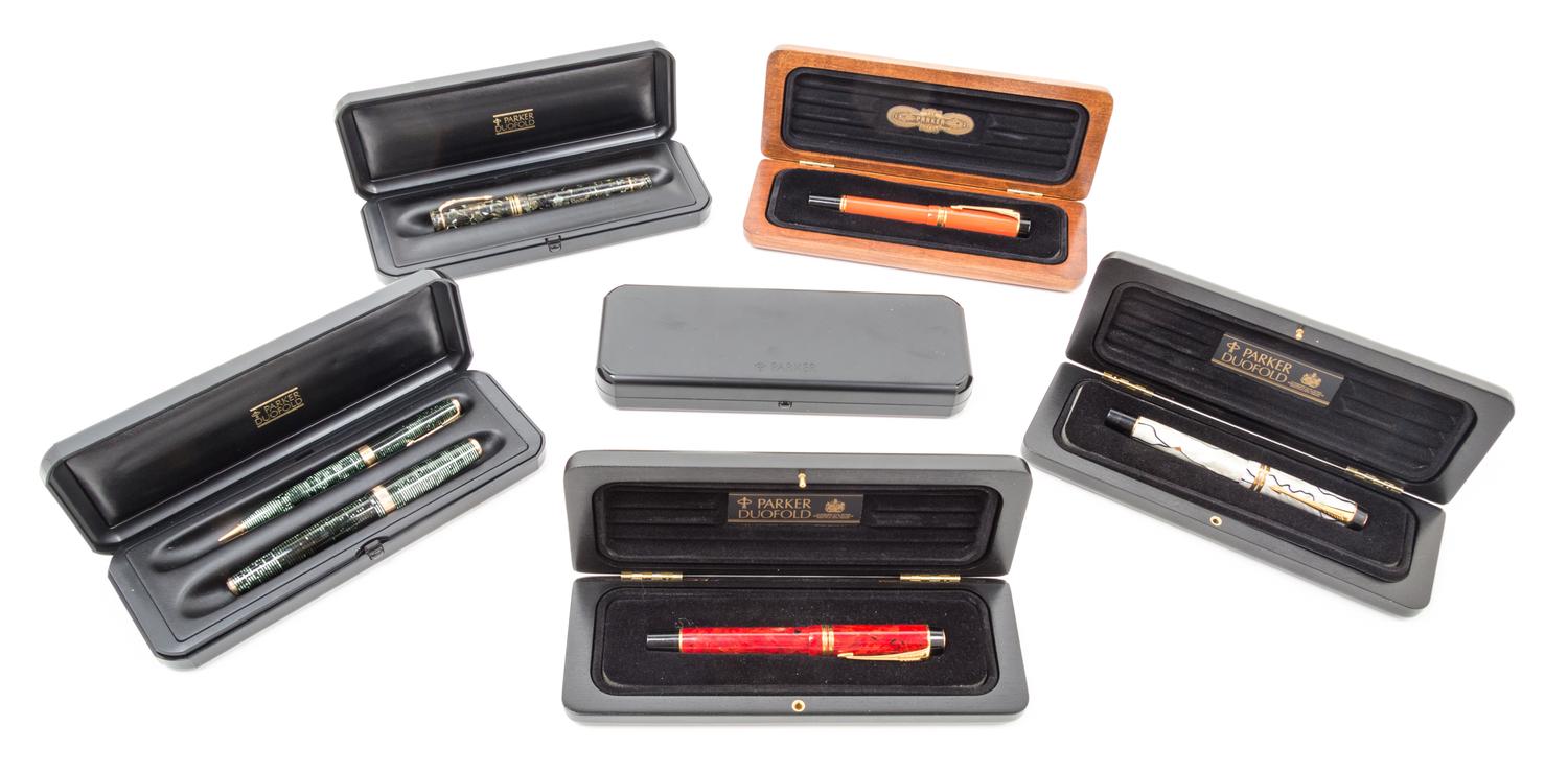 Three Parker Duofold Pens Length of orange duofold 5 1/4 inches.