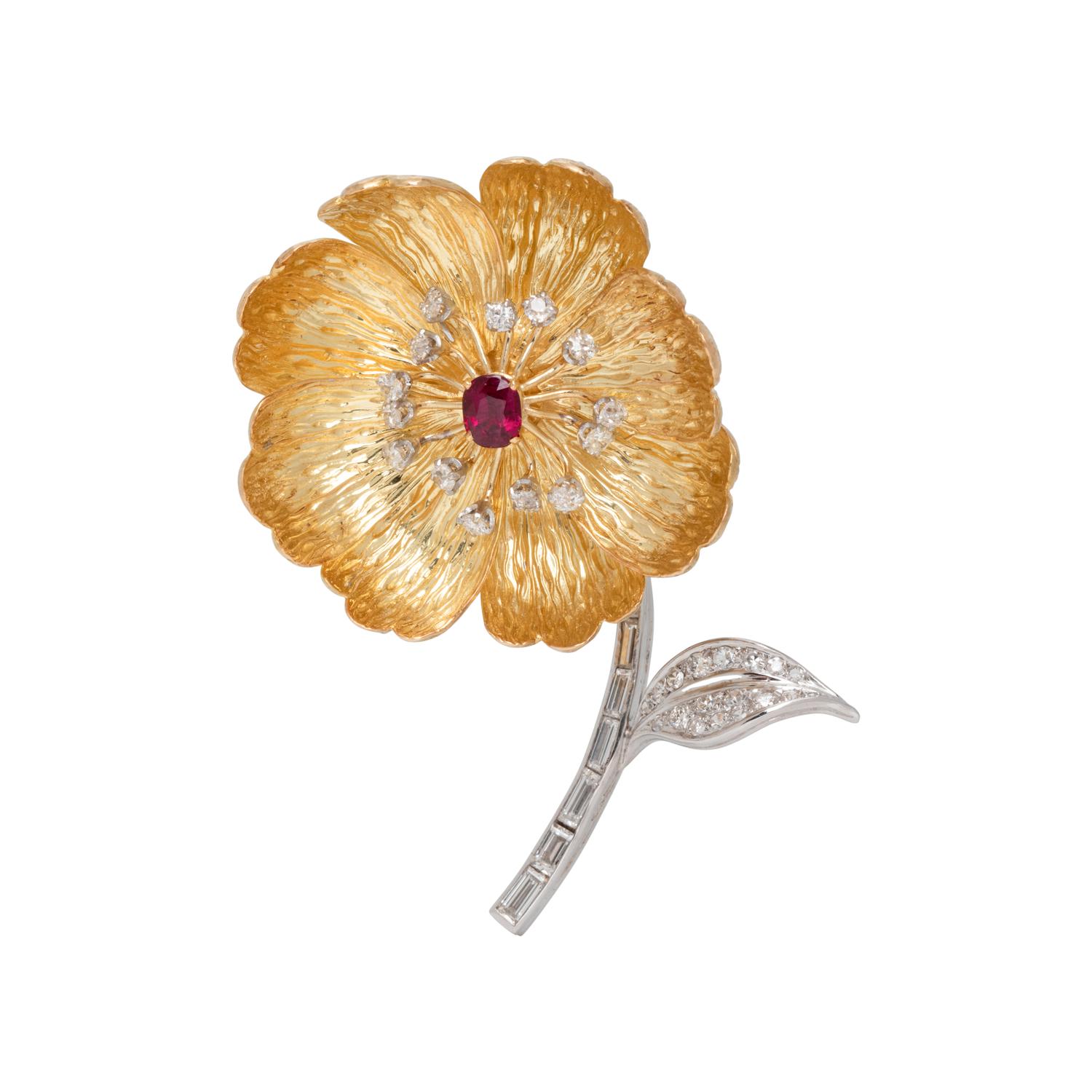 BOUCHERON, BICOLOR GOLD, RUBY AND DIAMOND FLOWER BROOCH