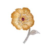 BOUCHERON, BICOLOR GOLD, RUBY AND DIAMOND FLOWER BROOCH