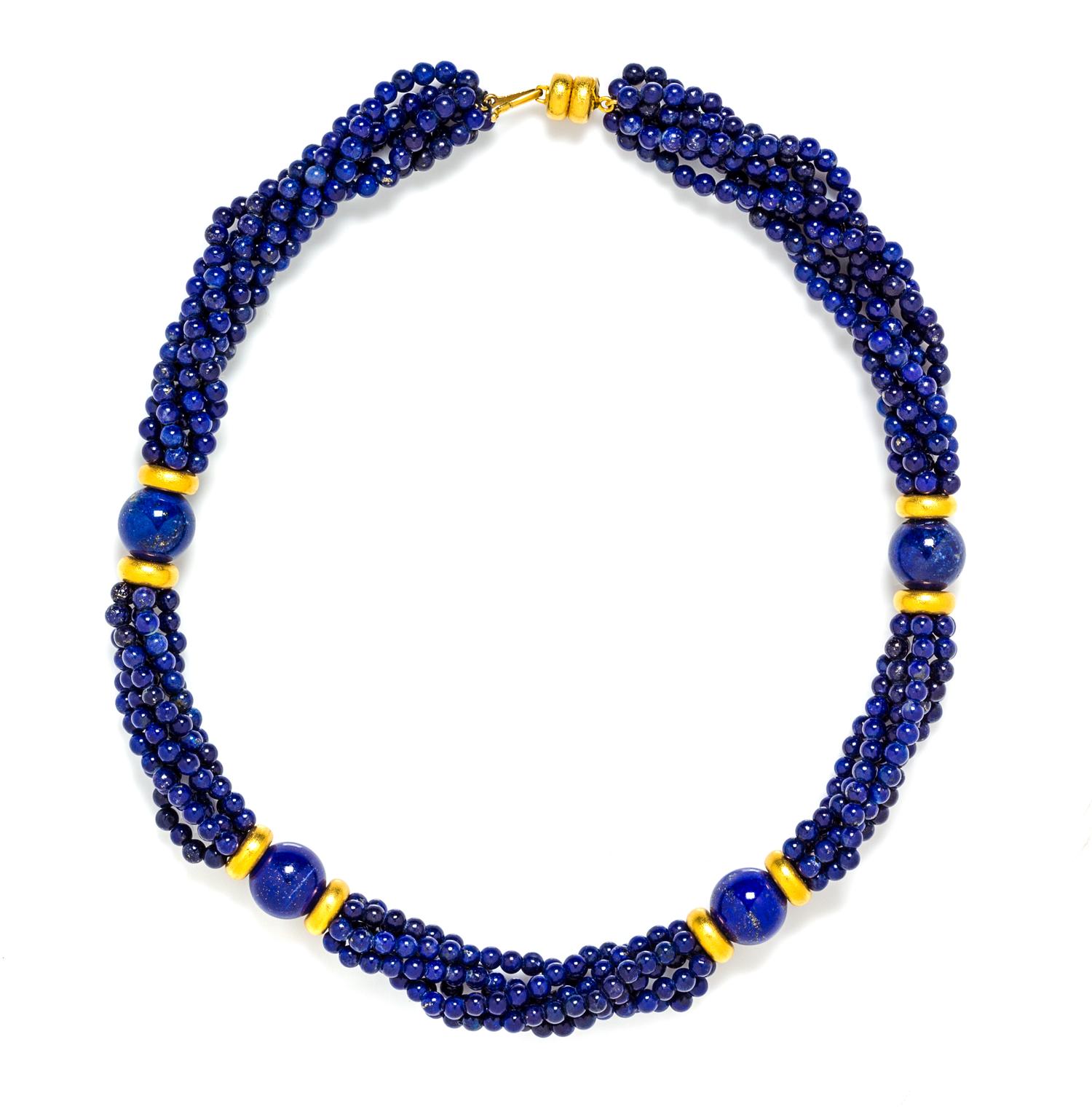 A High Karat Yellow Gold and Lapis Bead Necklace, Neptune, 48.84 dwts.